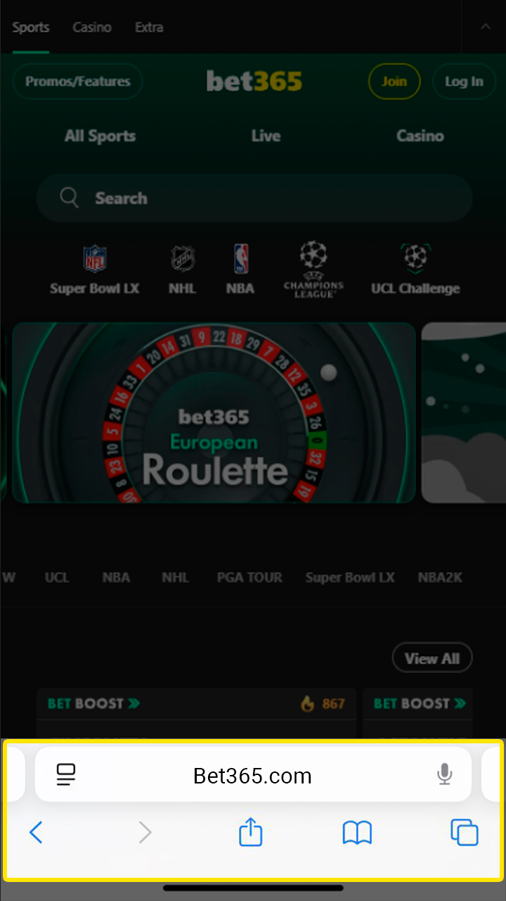 Open the Bet365 mobile platform using your Safari browser.