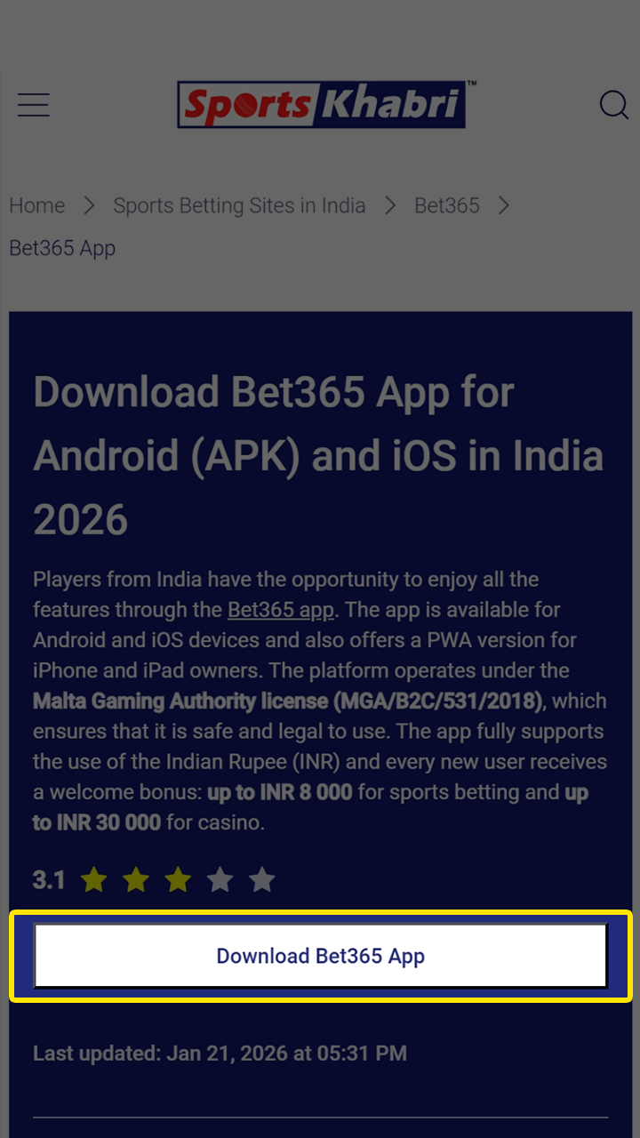 Use our secure link to download the Bet365 app.