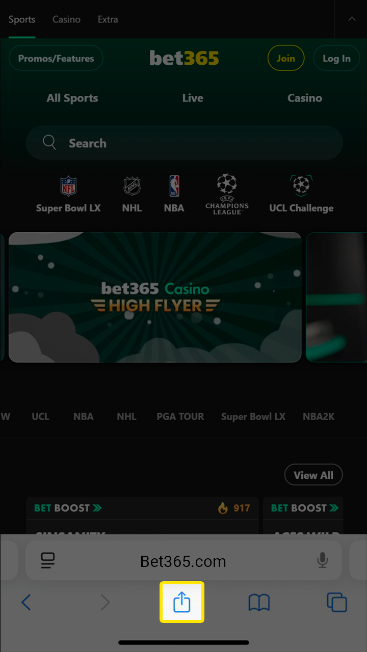 Use the share feature to set up Bet365 mobile.