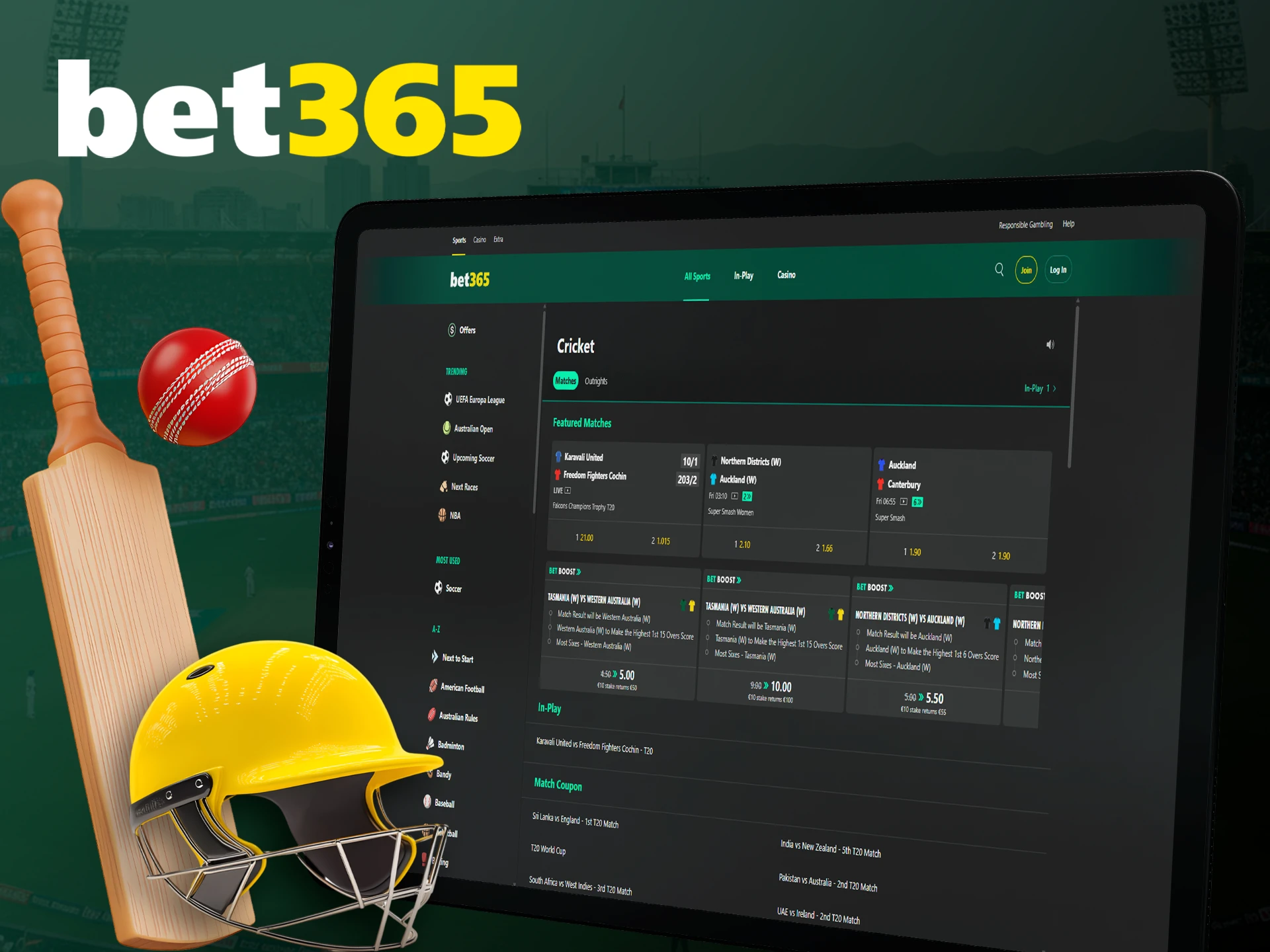 Open the cricket section at bet365 and pick your favorites to bet on.