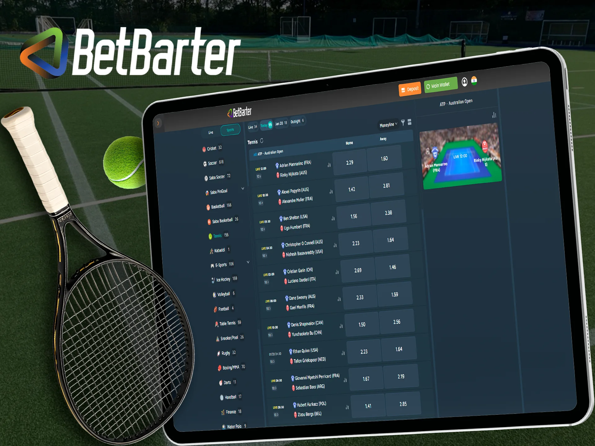 Is there a tennis betting section in the online casino Betbarter Bookmaker.