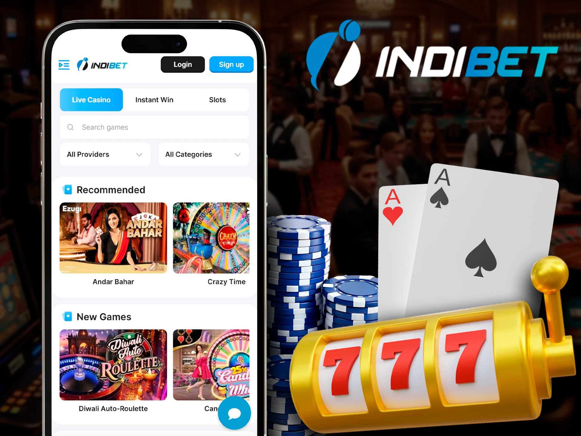 Enjoy live casino and slots in the Indibet app.