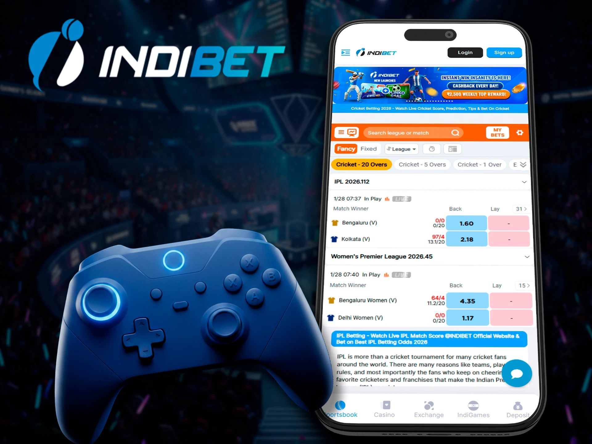 Competitive eSports odds available through the Indibet mobile app.