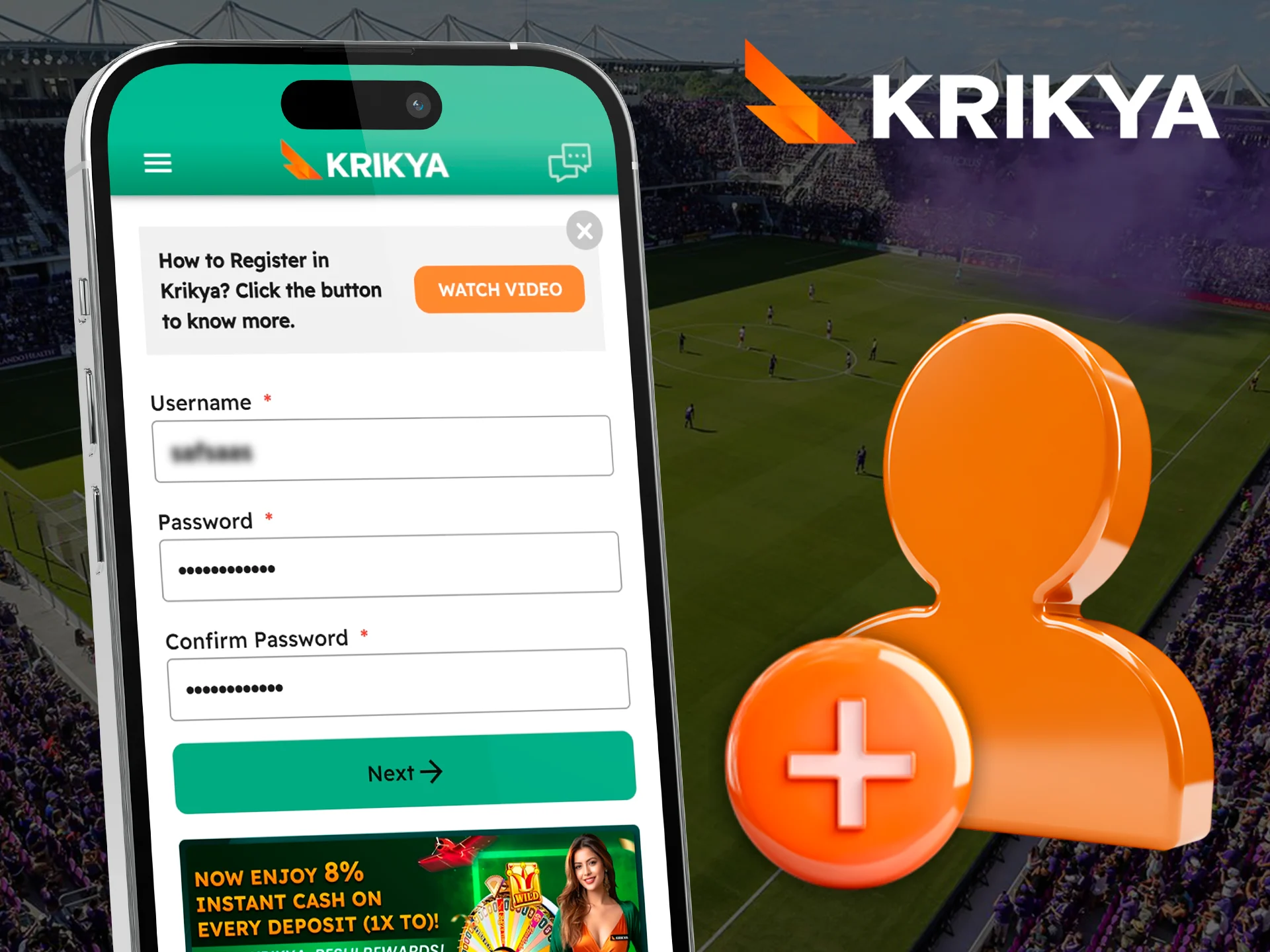 Sign up quickly via the Krikya mobile app registration form.