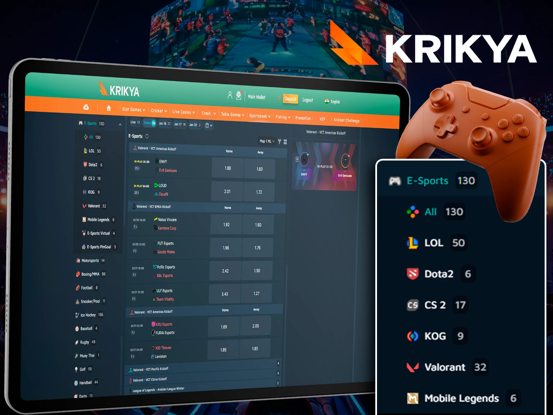 Win big on popular esports tournaments through Krikya betting.