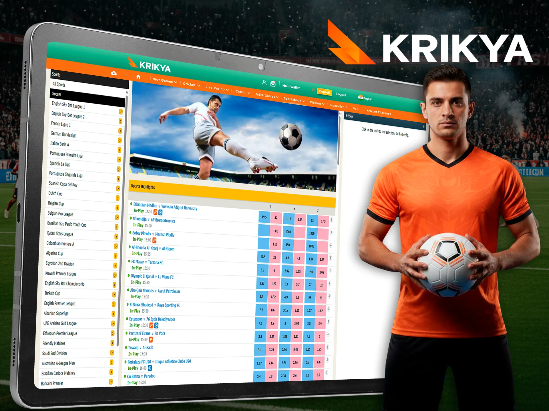 Place winning bets on global football matches with Krikya.