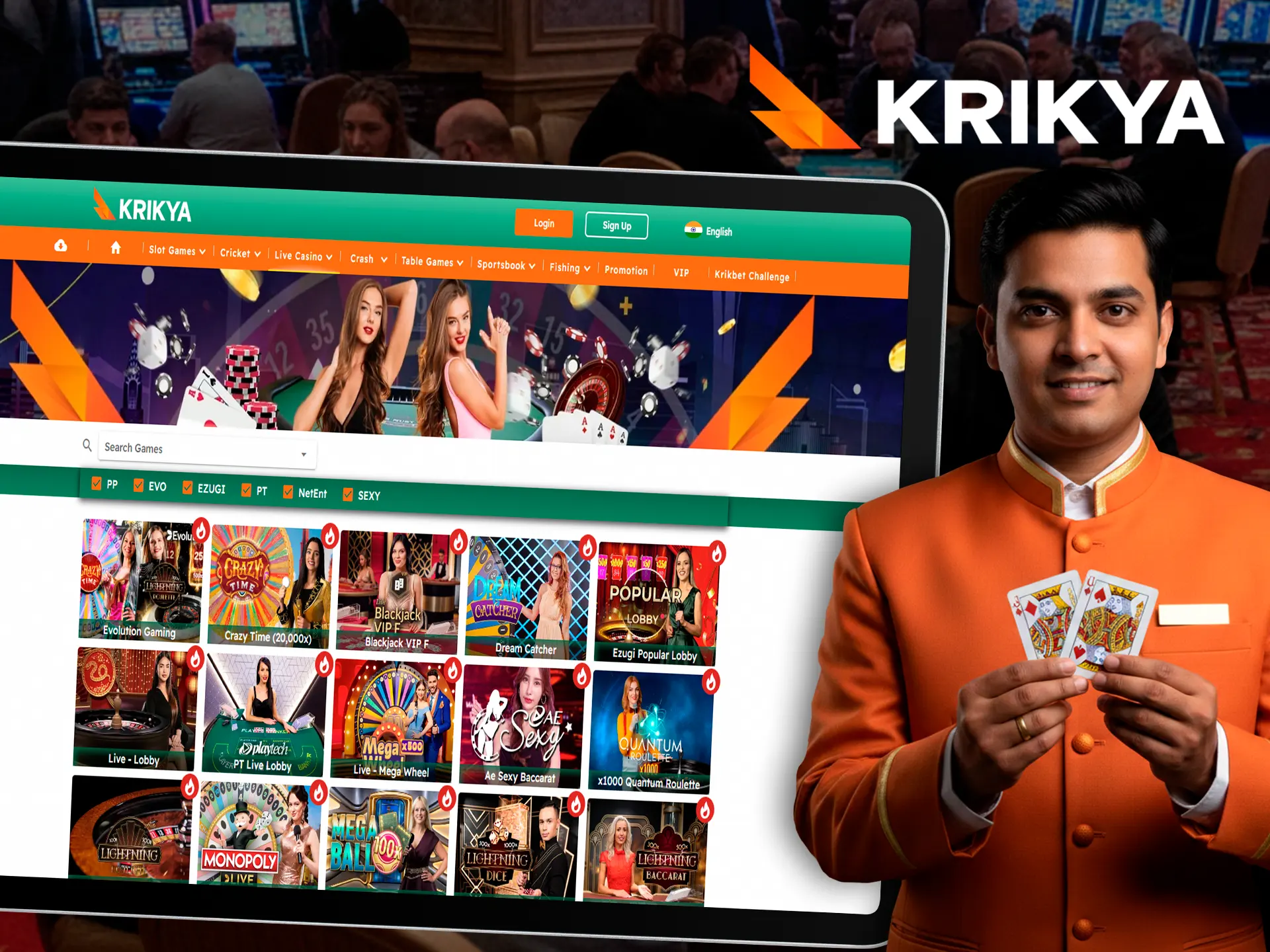 Play with real dealers in the Krikya live casino lobby.
