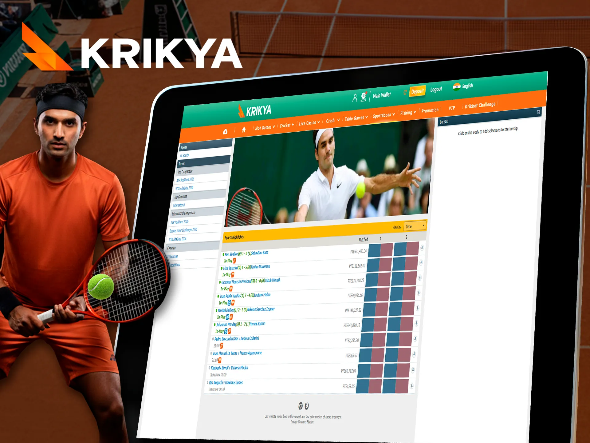 Bet on major tennis tournaments using the Krikya betting site.