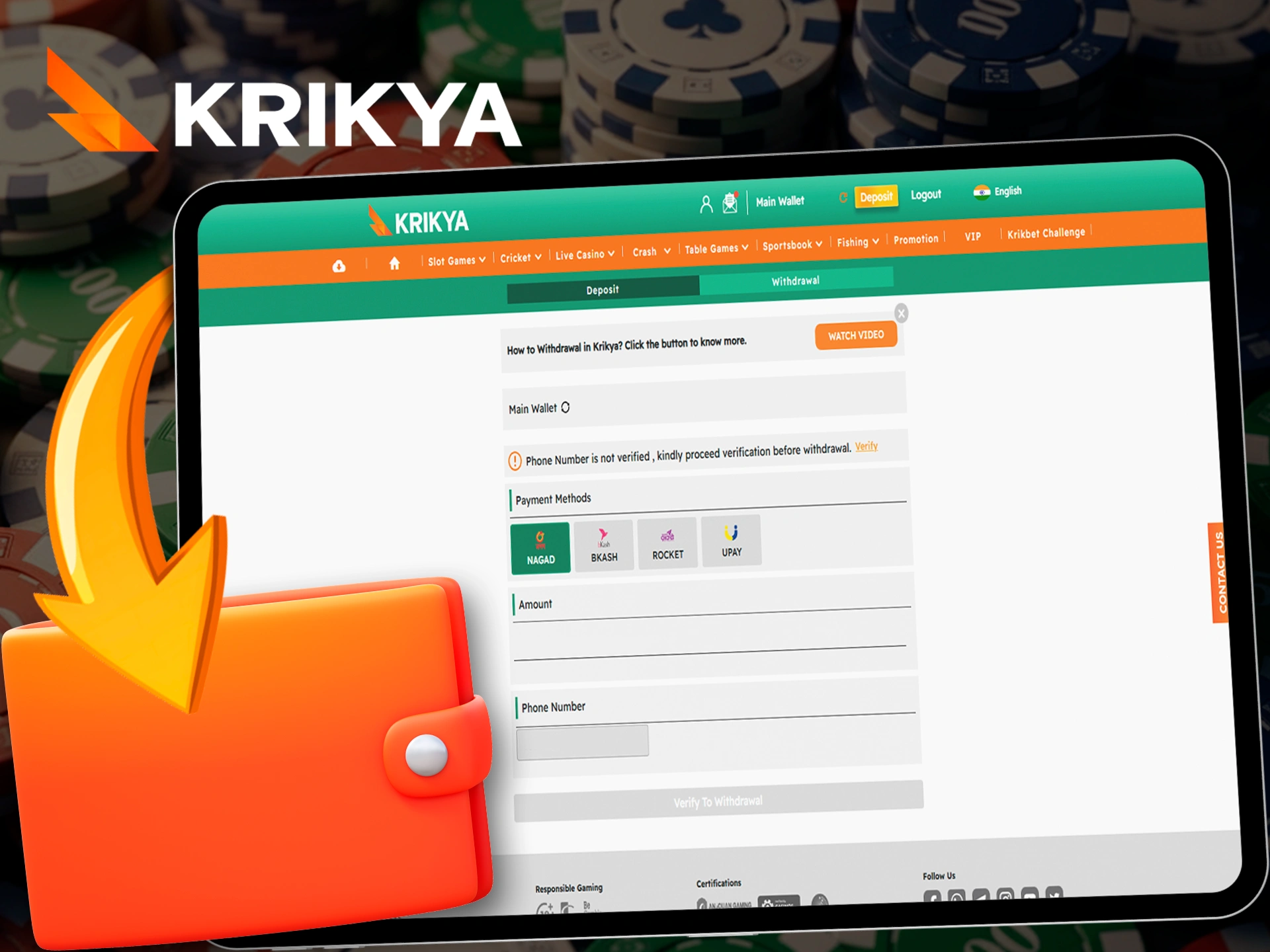 Quickly withdraw your winnings from Krikya using local methods.