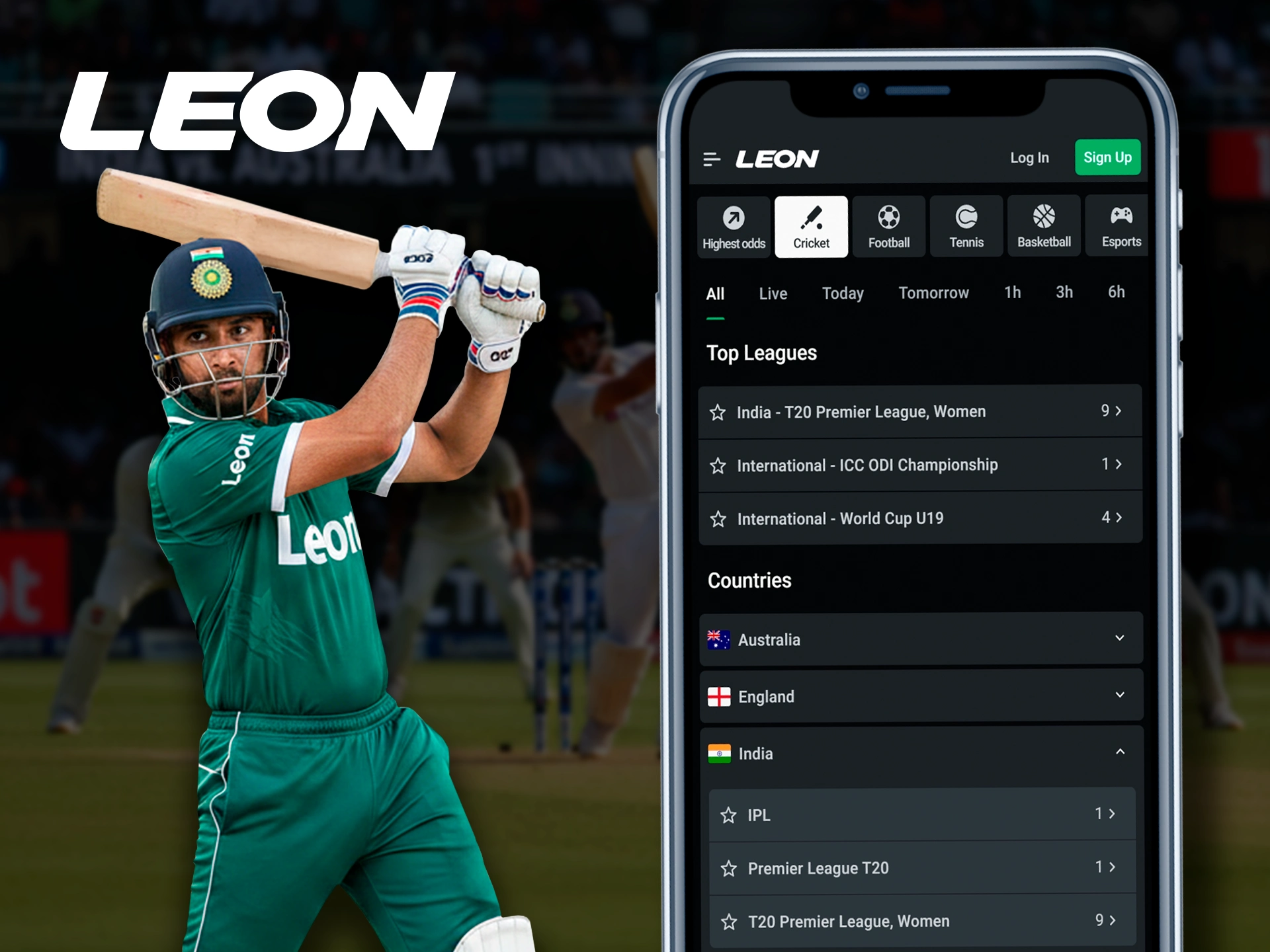 Bet on worldwide cricket matches using the Leonbets app.