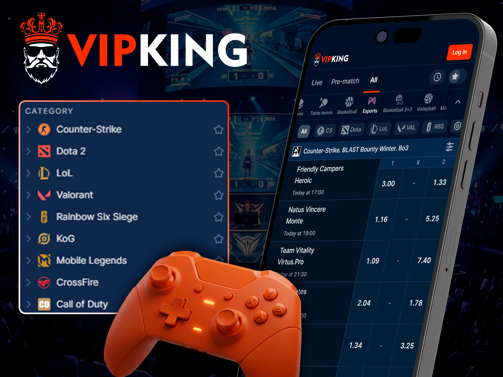 Bet on top esports events with the reliable VipKing platform.