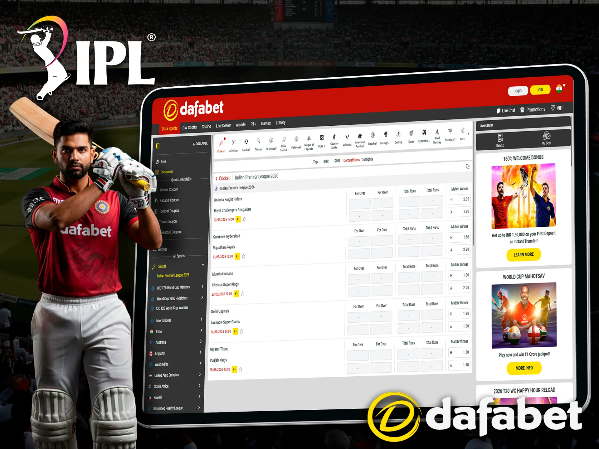 Dafabet is waiting for you to bet on IPL with the best odds.