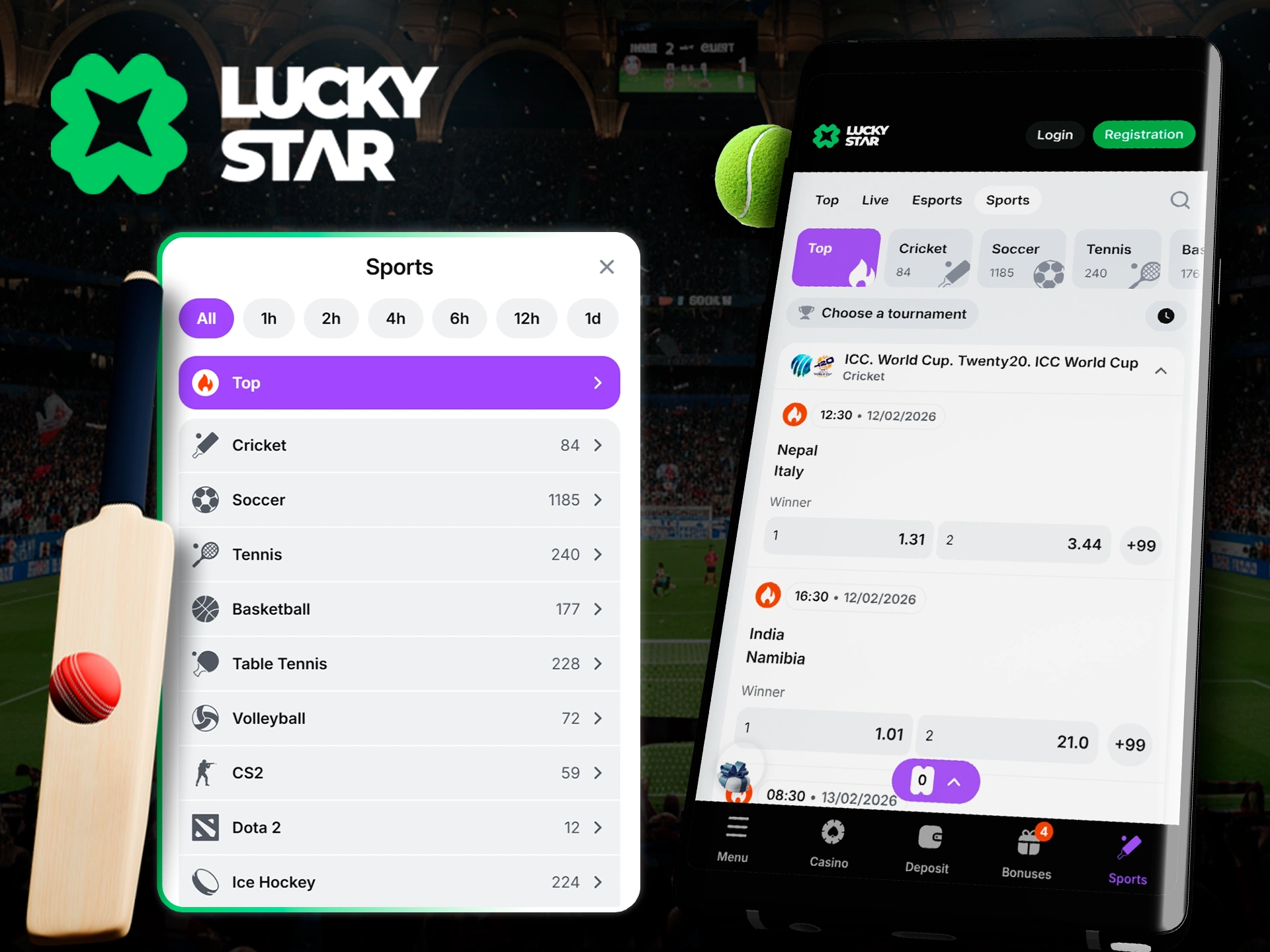 Get access to a variety of sports to bet on with the Lucky Star app.