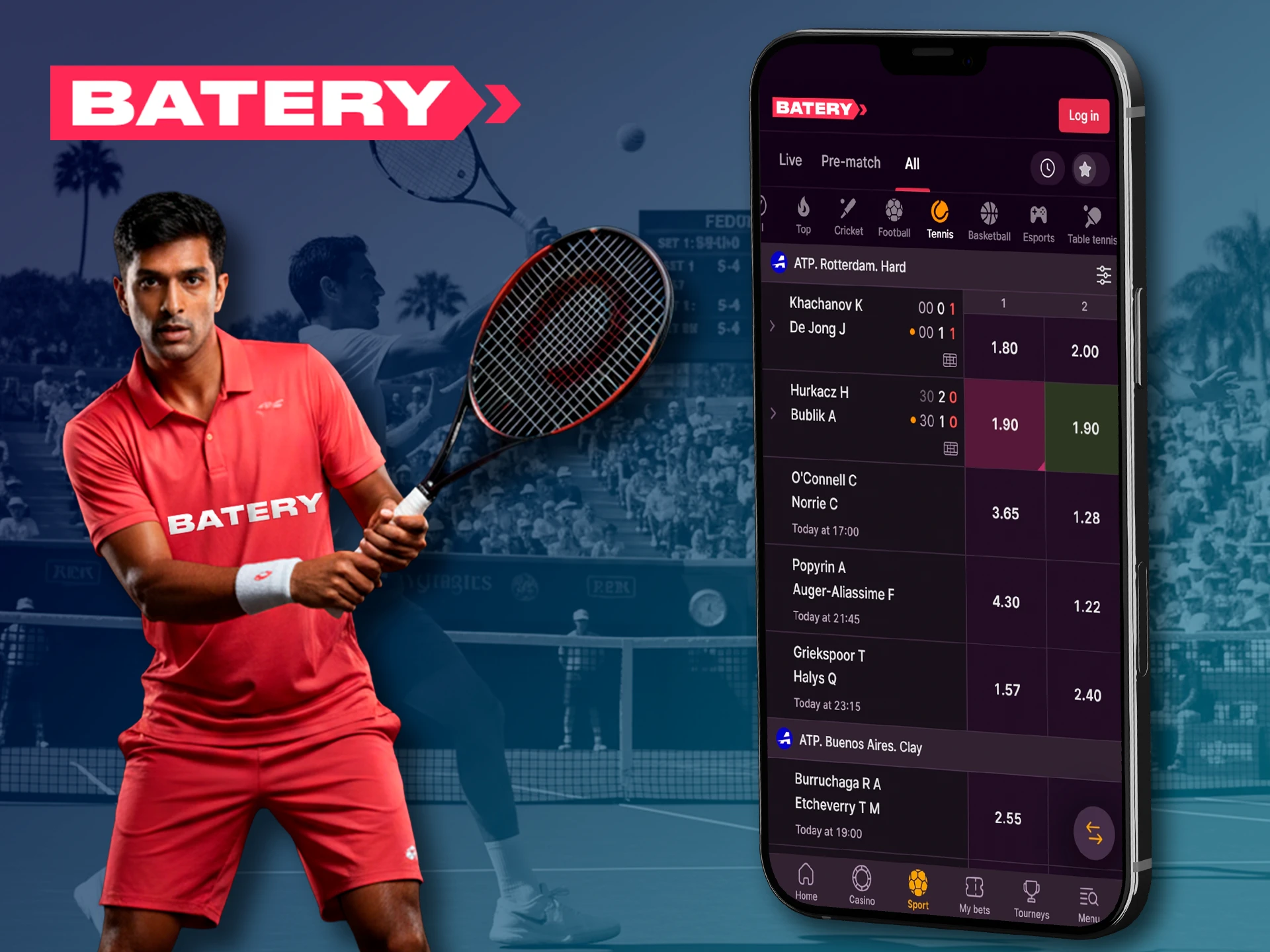 Place bets on your tennis favourites and win with the Batery app.