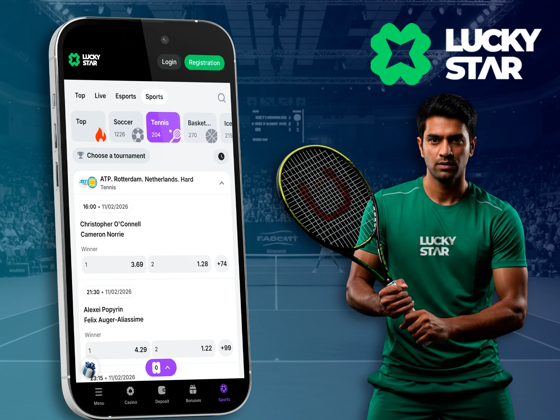 Place your bets on tennis anytime with the Lucky Star app.