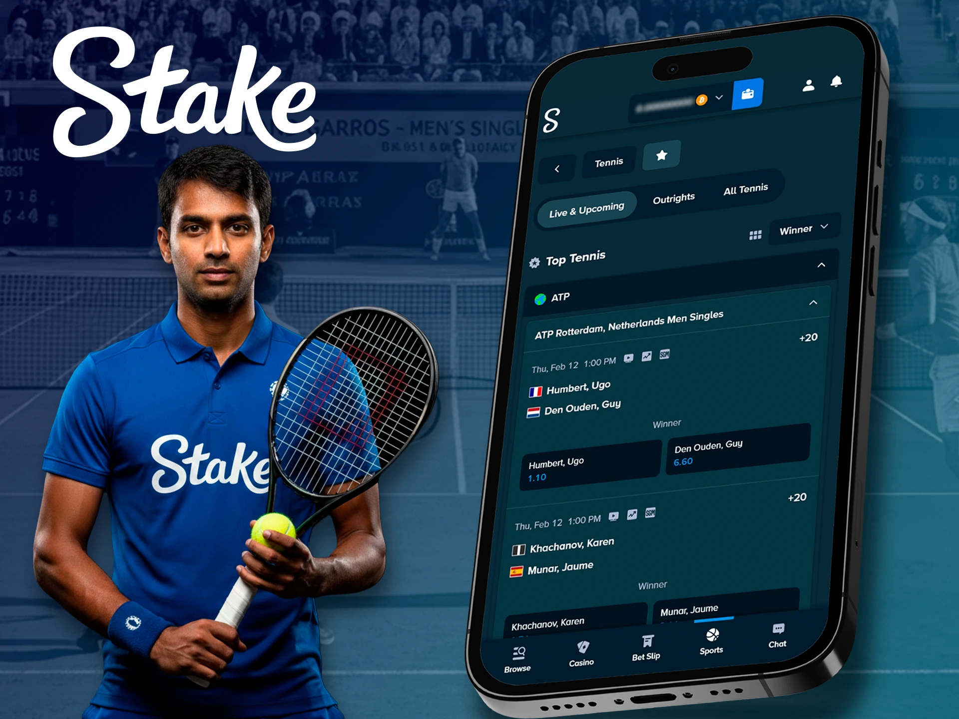 Get quick access to tennis betting with the Stake app.