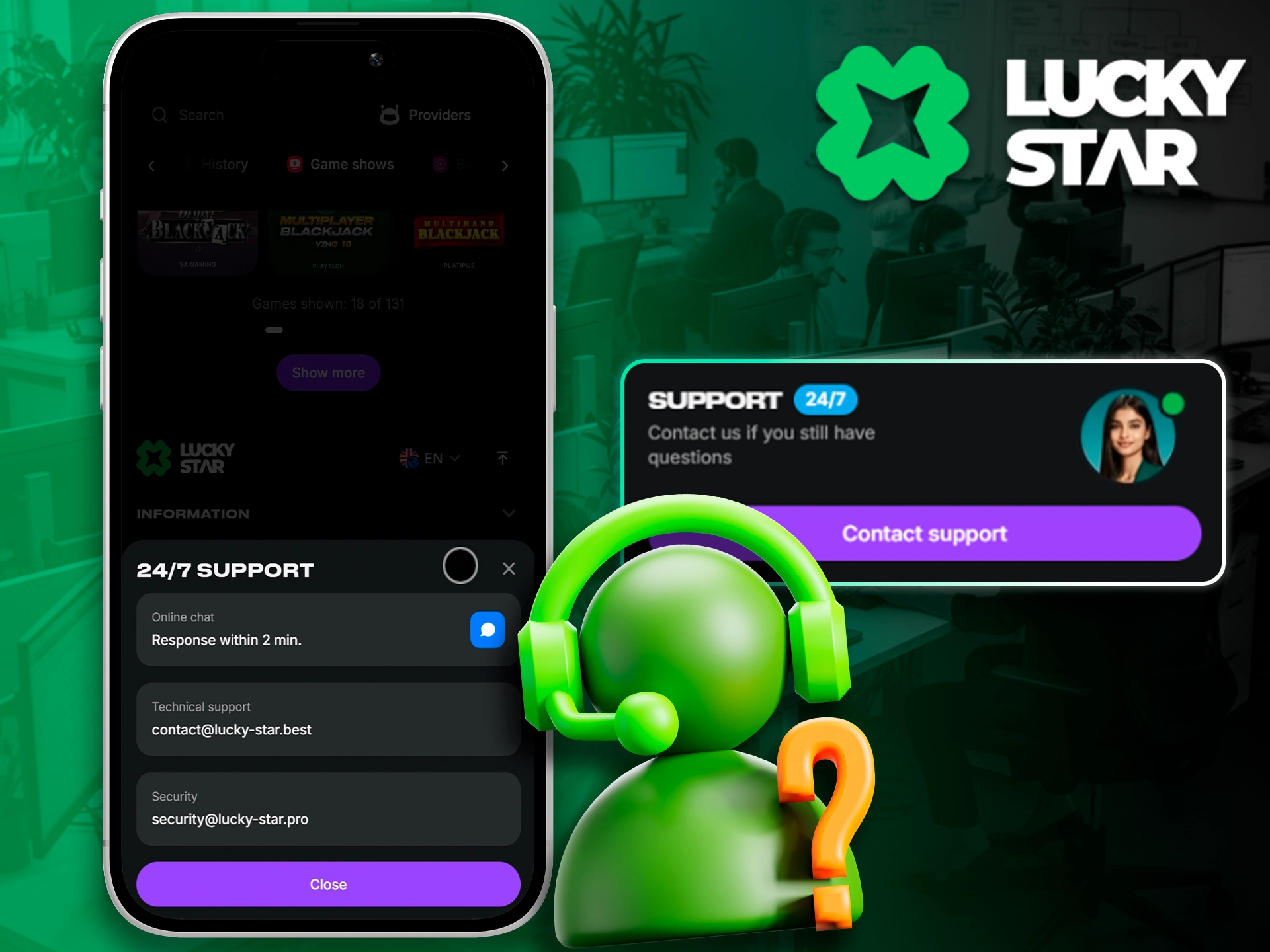24/7 support access inside the Lucky Star app.