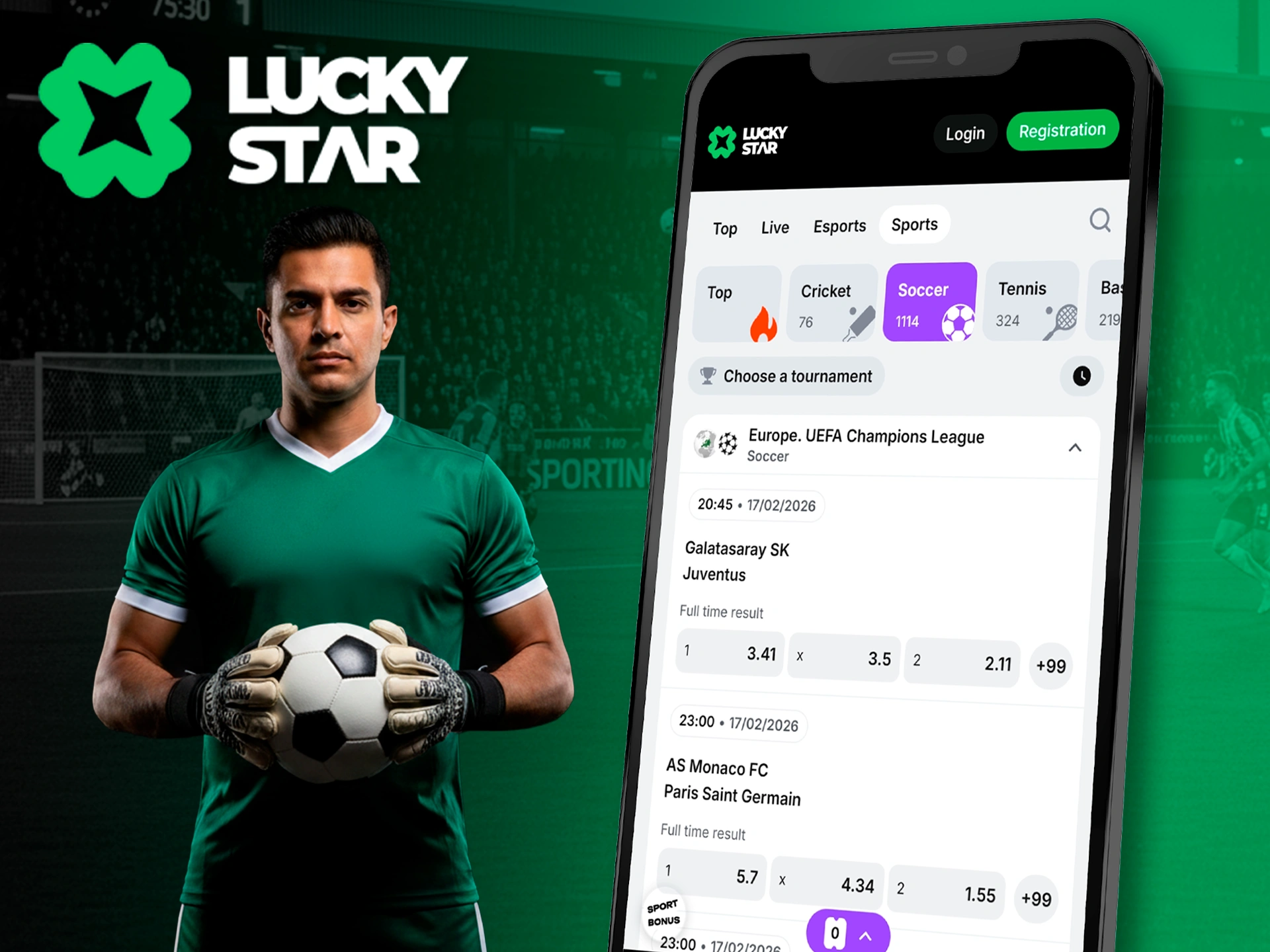 Football markets in the Lucky Star mobile app.