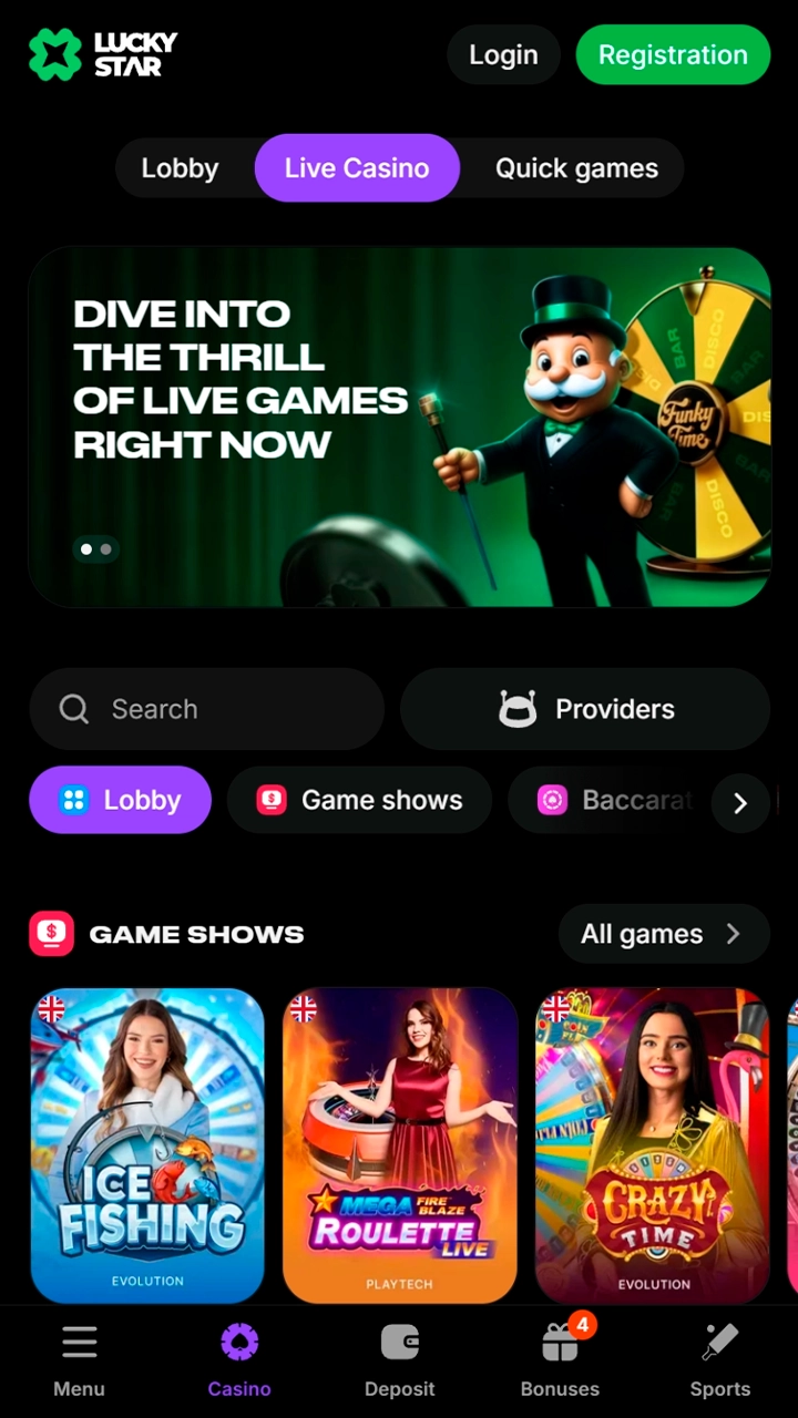 Mobile casino lobby in the Lucky Star app.