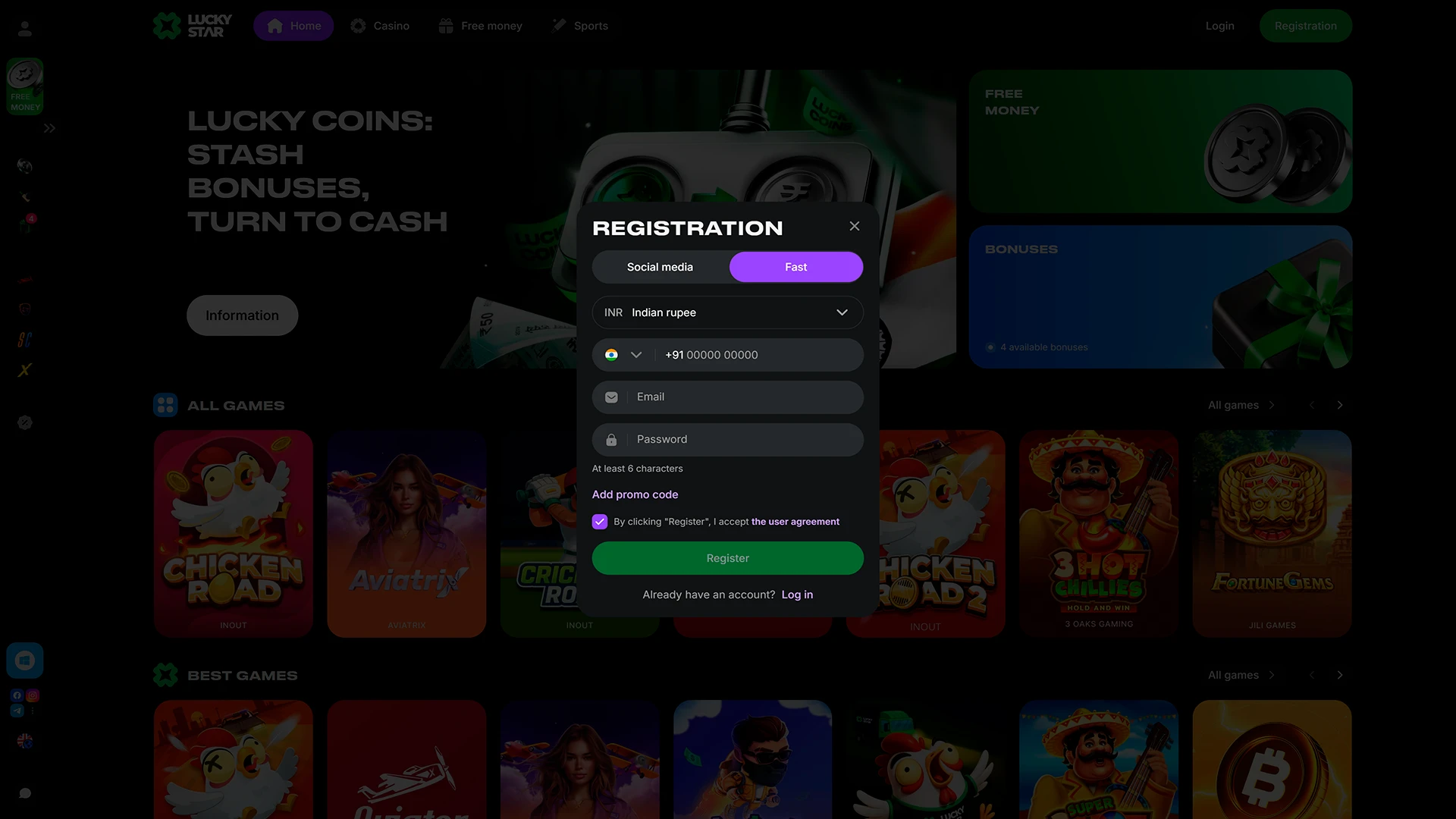 Create a new player profile at Lucky Star.