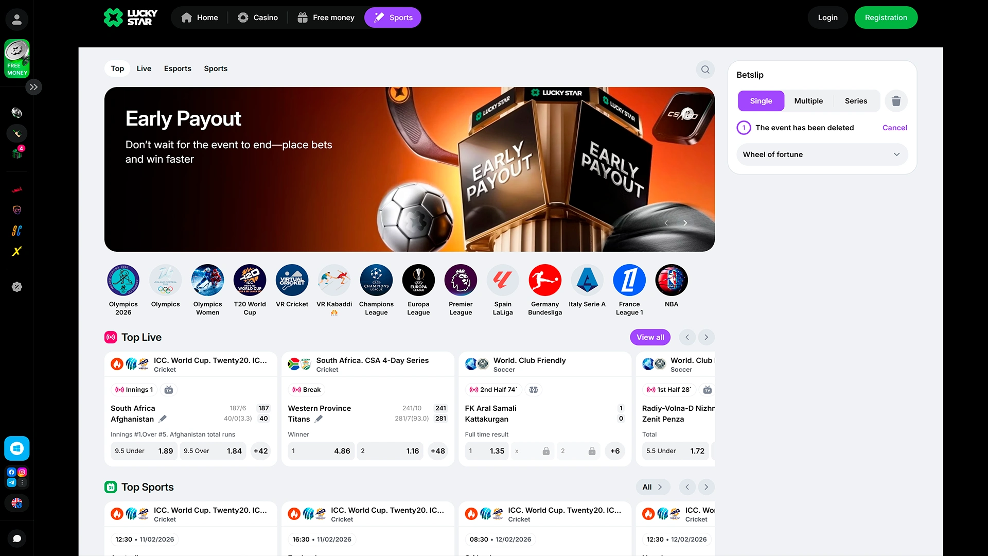 Place online sports bets via Lucky Star sportsbook.