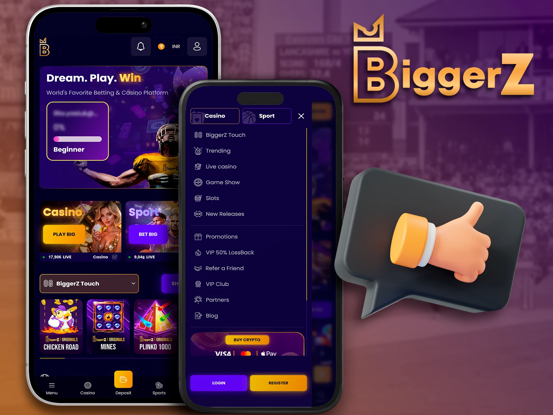 Main betting and gambling features available in BiggerZ app.