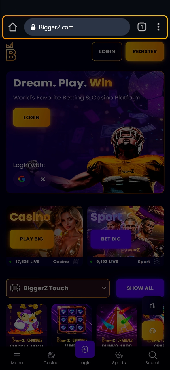 Accessing the official BiggerZ website via Android mobile browser.