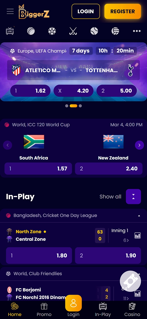Sportsbook section for placing bets in the BiggerZ app.