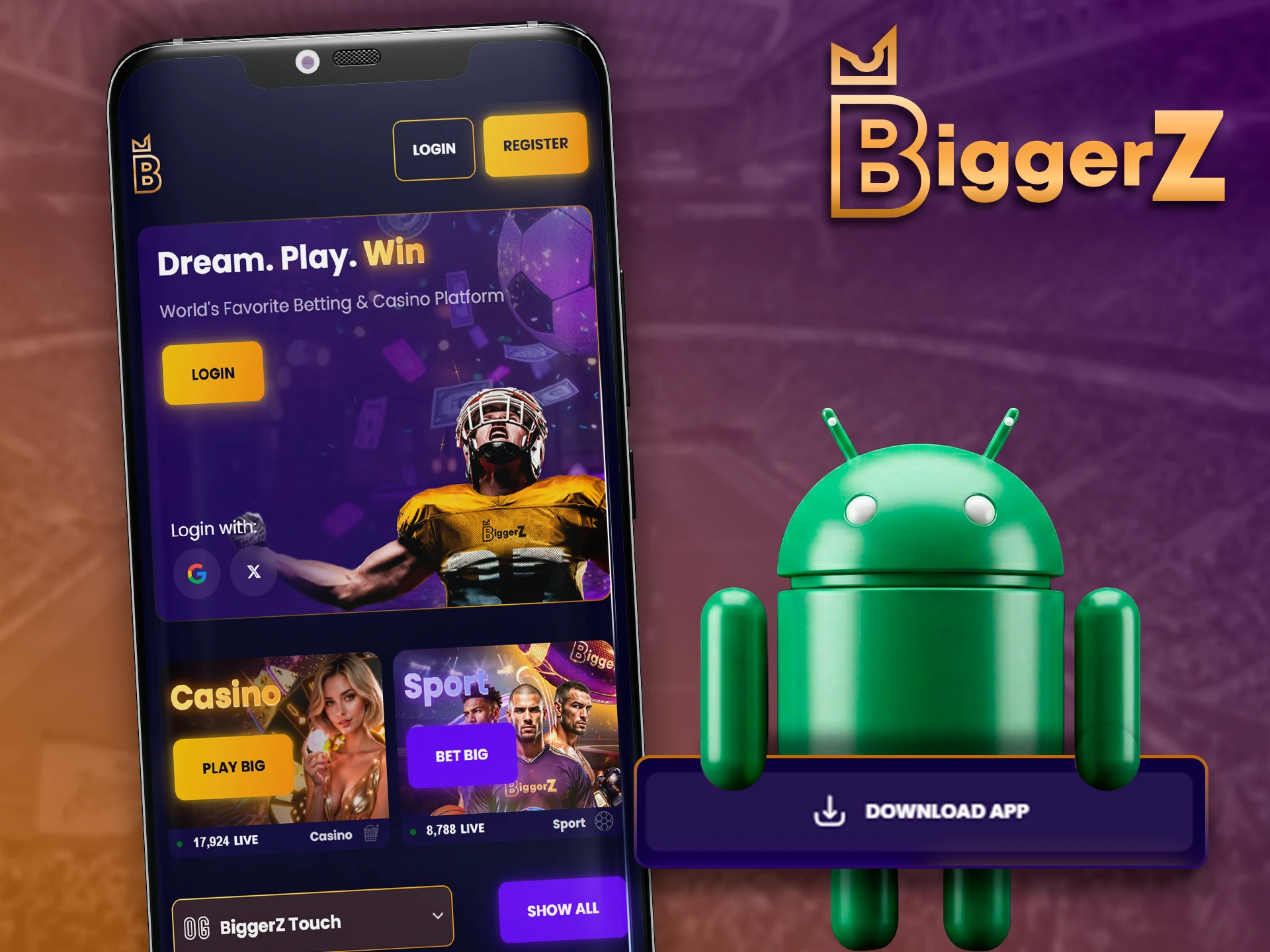 Download and install the BiggerZ mobile app for Android.