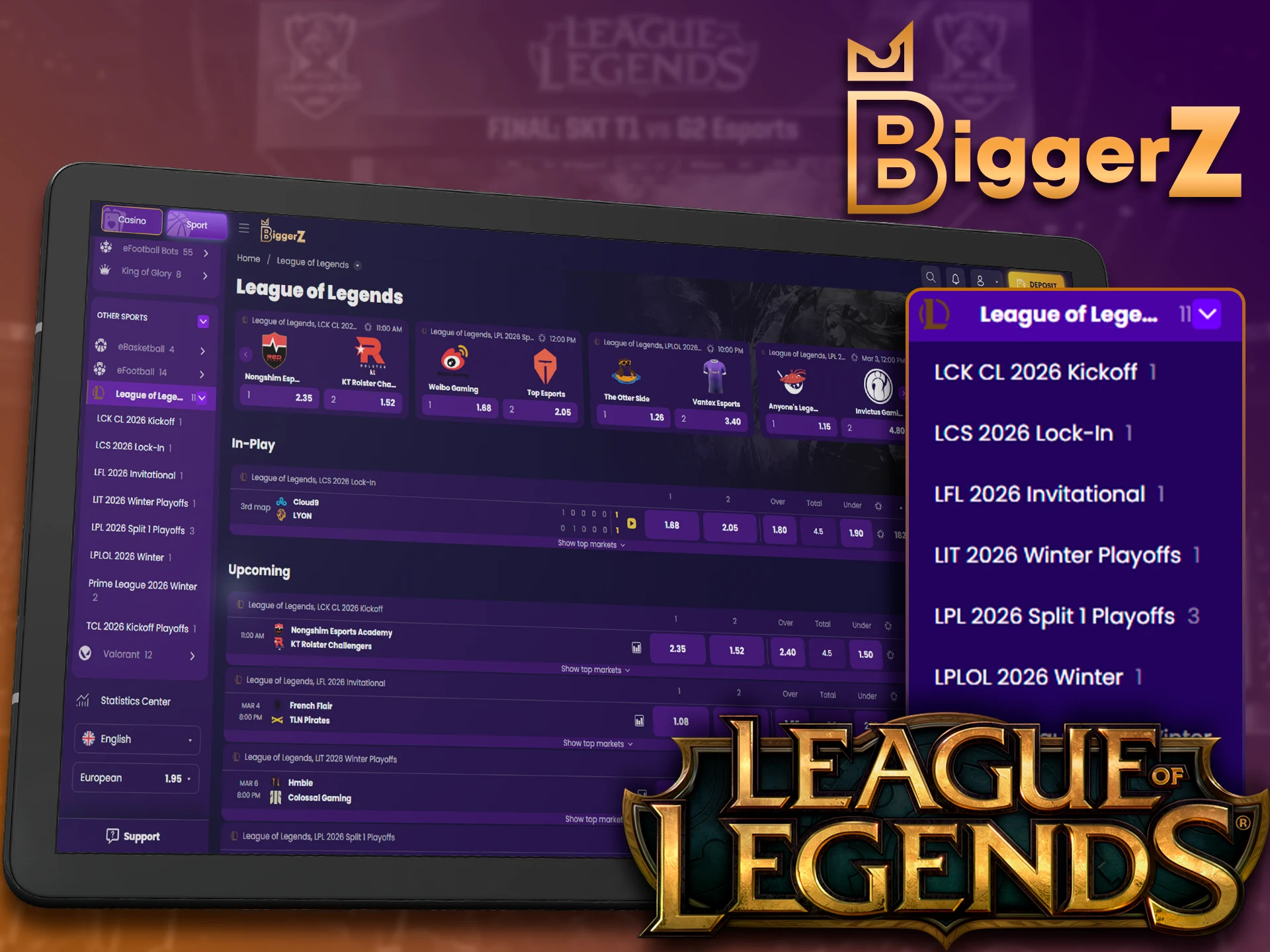 League of Legends betting markets on the BiggerZ platform.