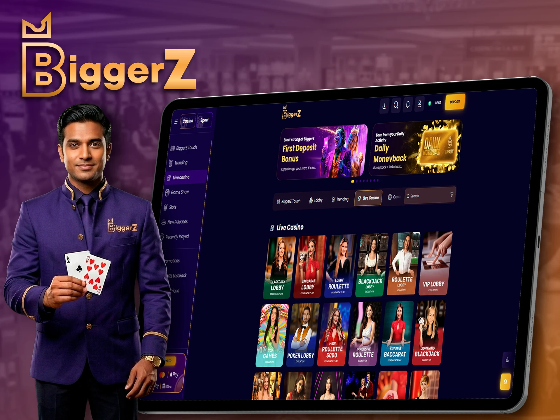 Play with real dealers in the BiggerZ live casino.