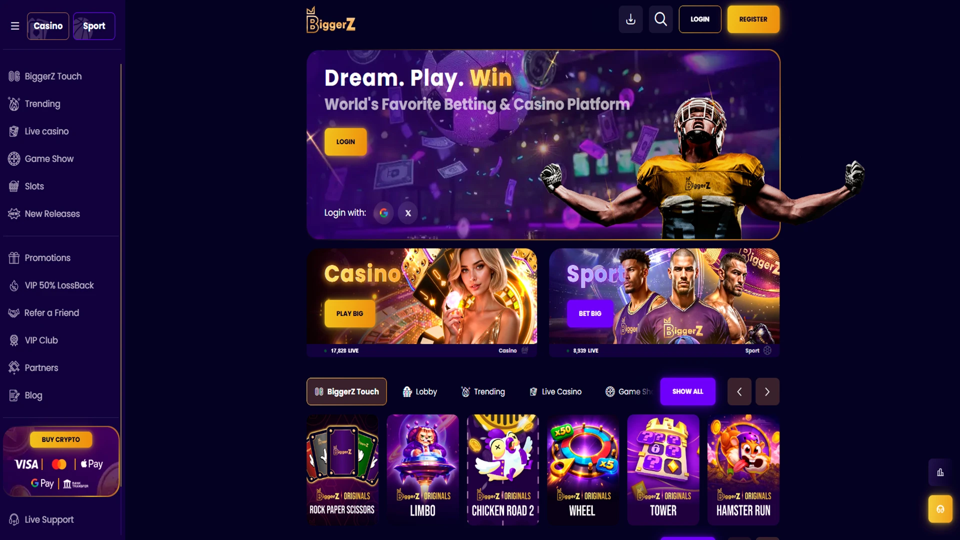 Main interface of the BiggerZ sports and casino platform.