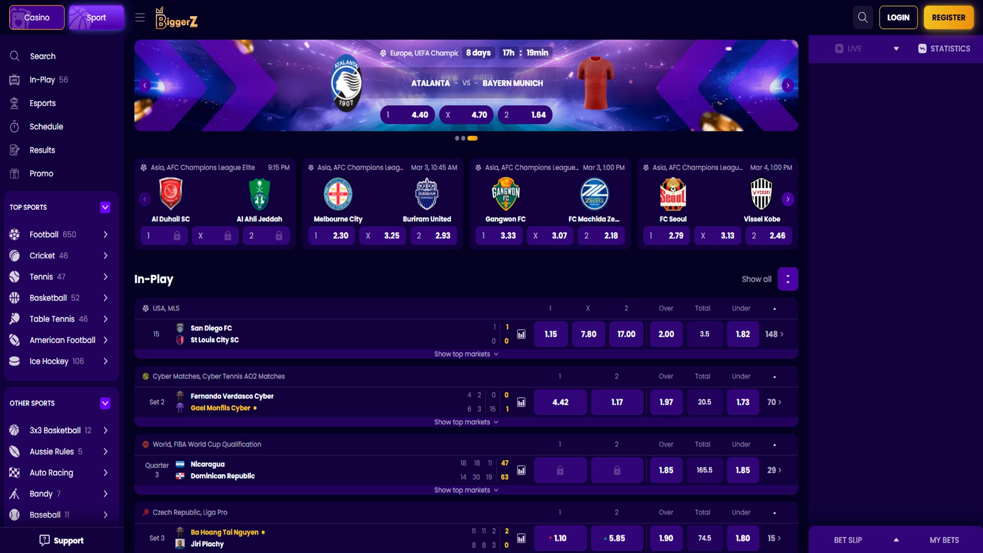 High odds and diverse betting markets on BiggerZ sports.