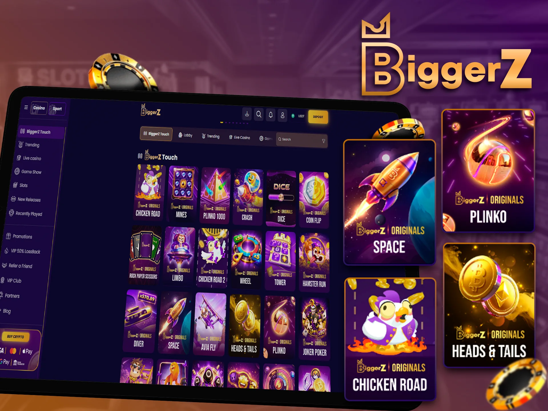 Experience the unique BiggerZ Touch mobile gaming feature.
