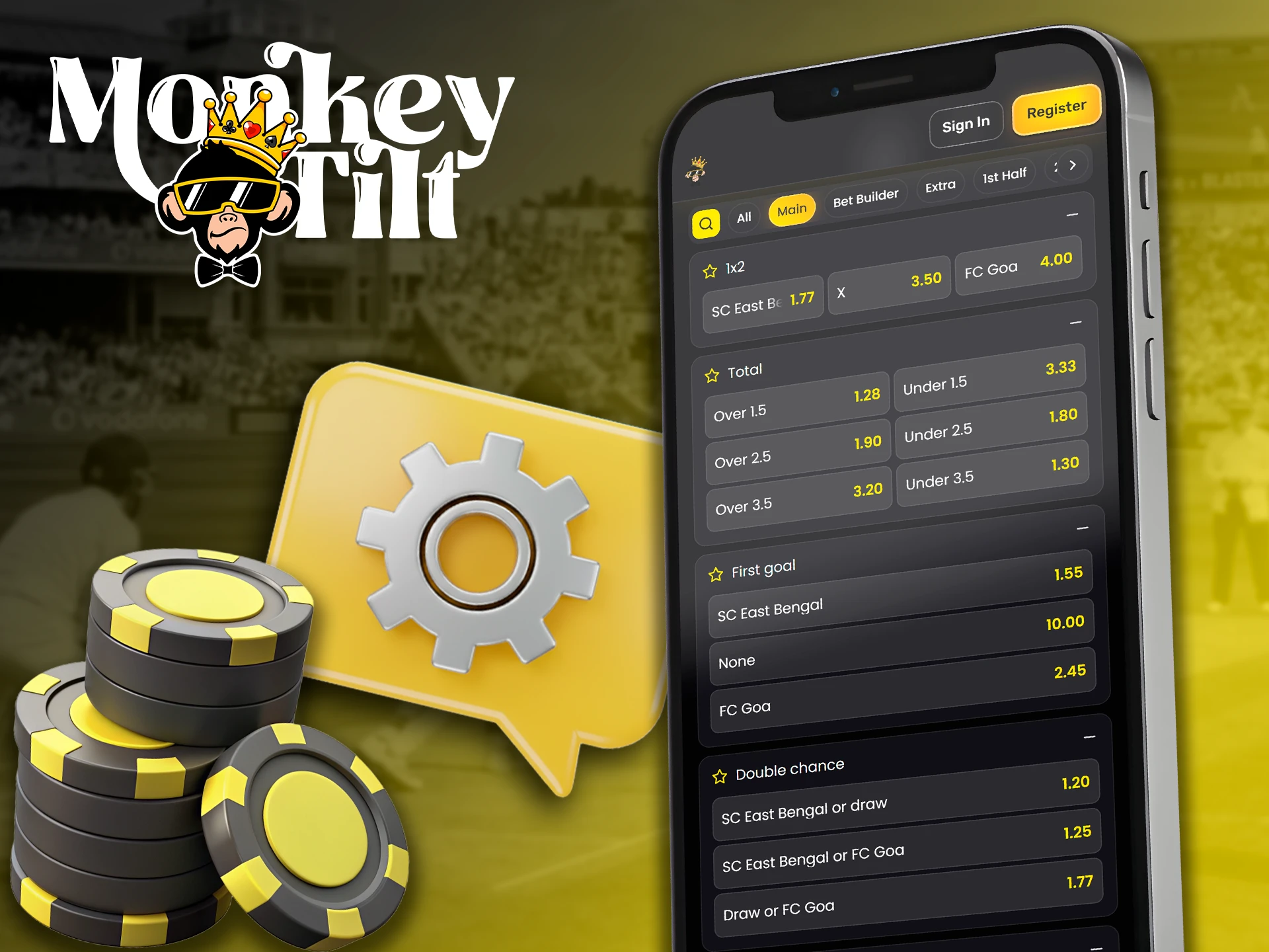 Wide range of betting markets in the MonkeyTilt application.