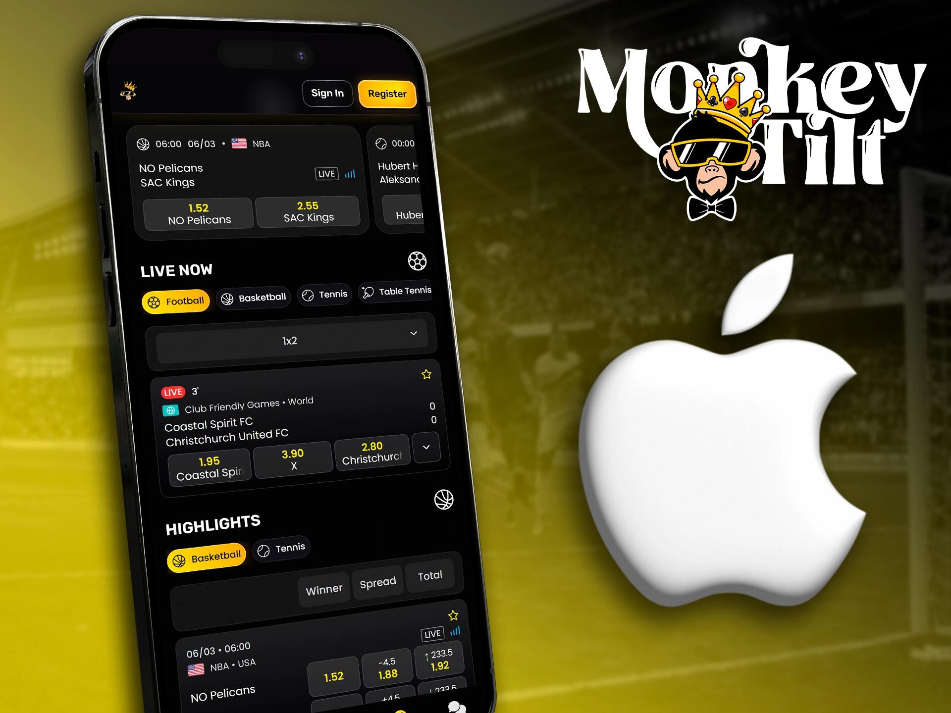 Premium betting and casino experience with MonkeyTilt on iOS.