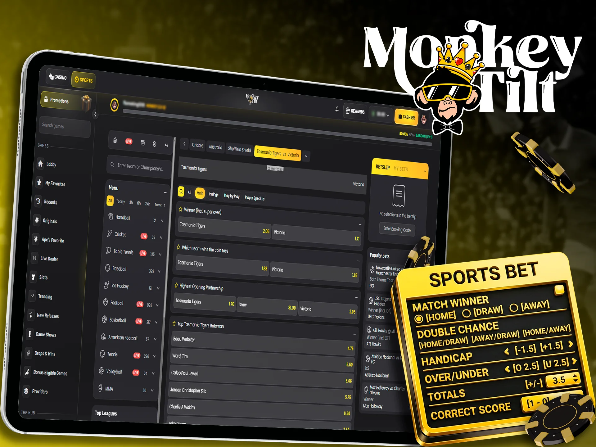 Variety of markets and betting options found on MonkeyTilt.