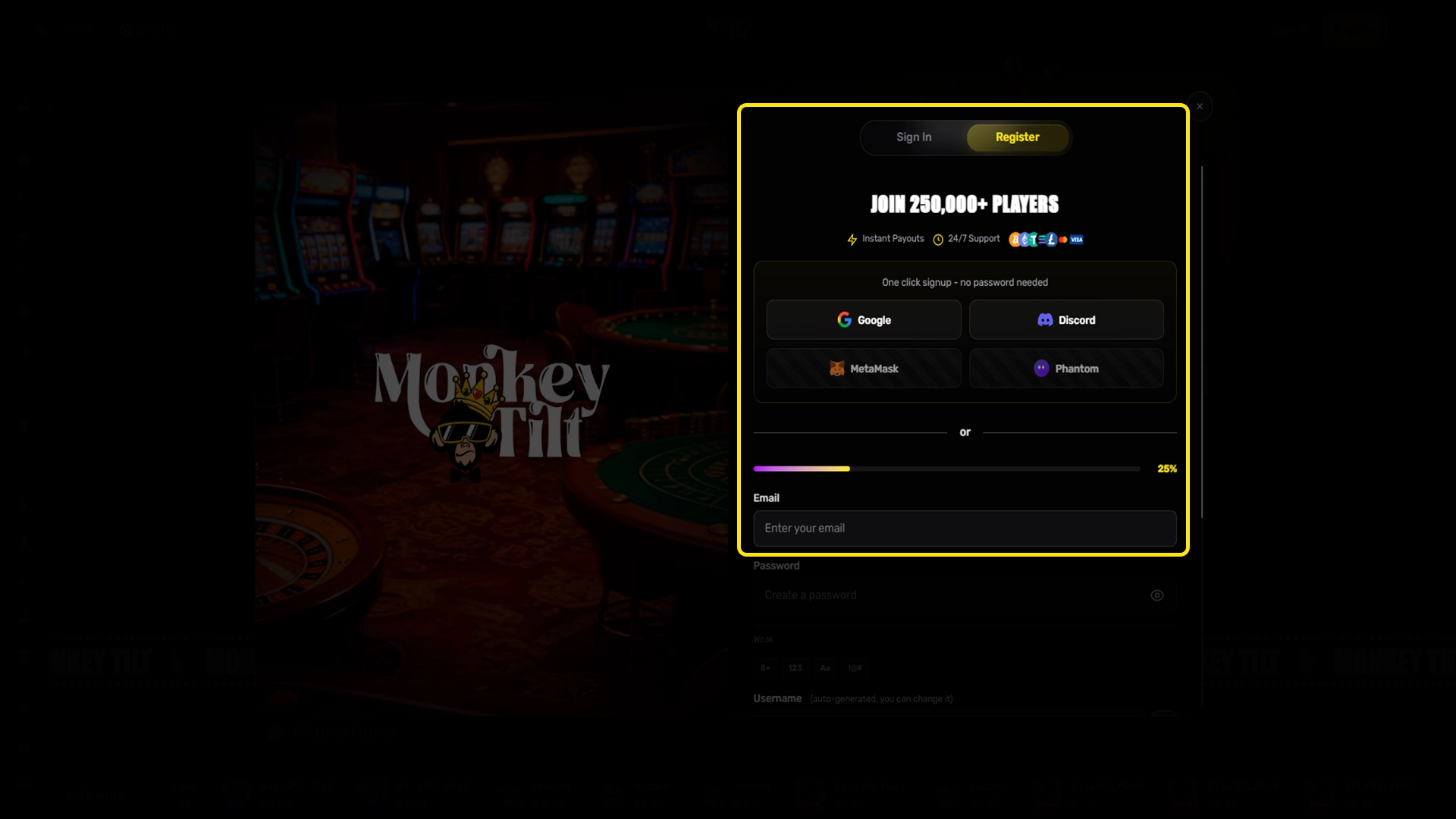 Selecting the preferred way to sign up for MonkeyTilt.