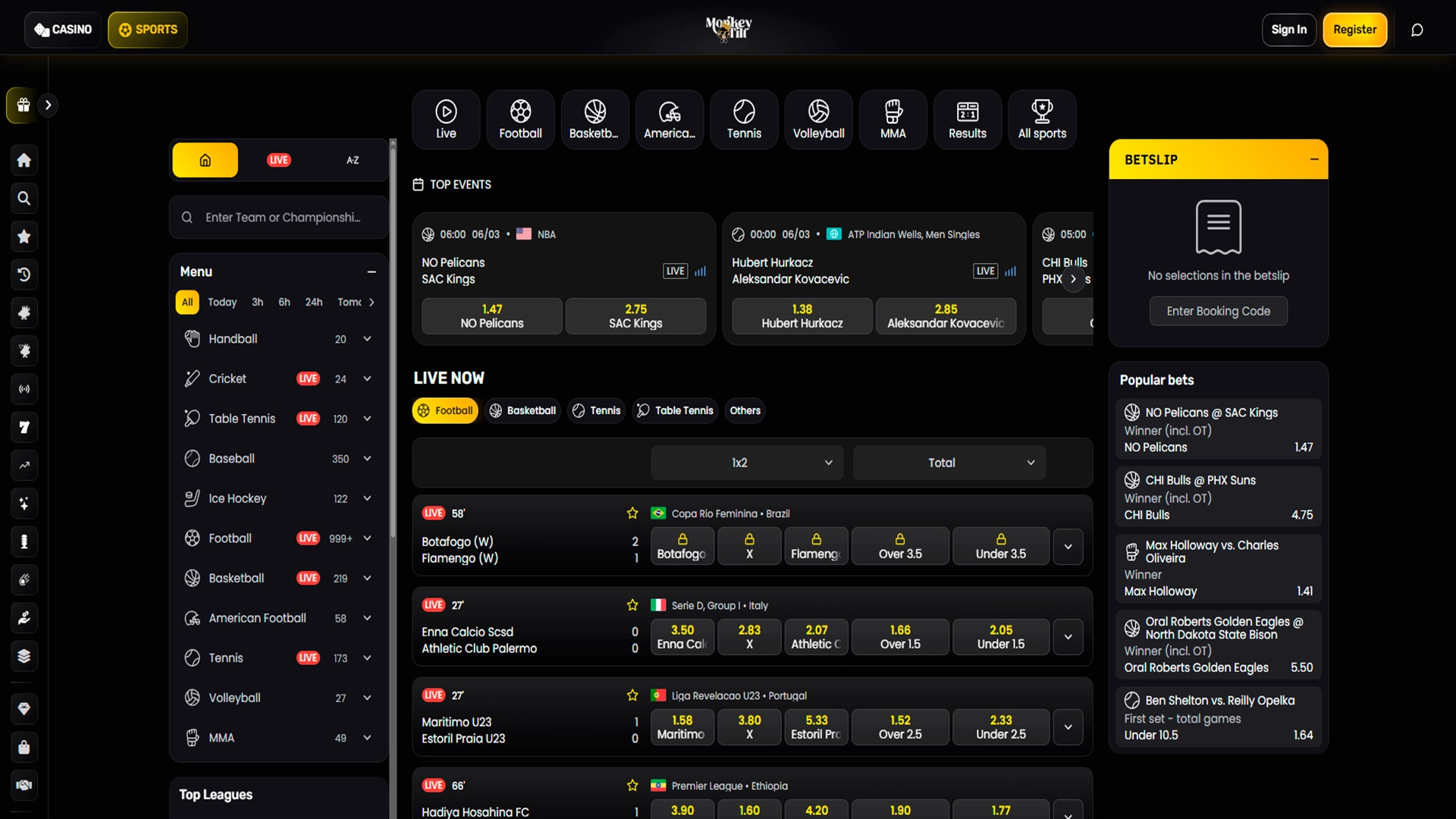 View all live and upcoming sports events on MonkeyTilt.