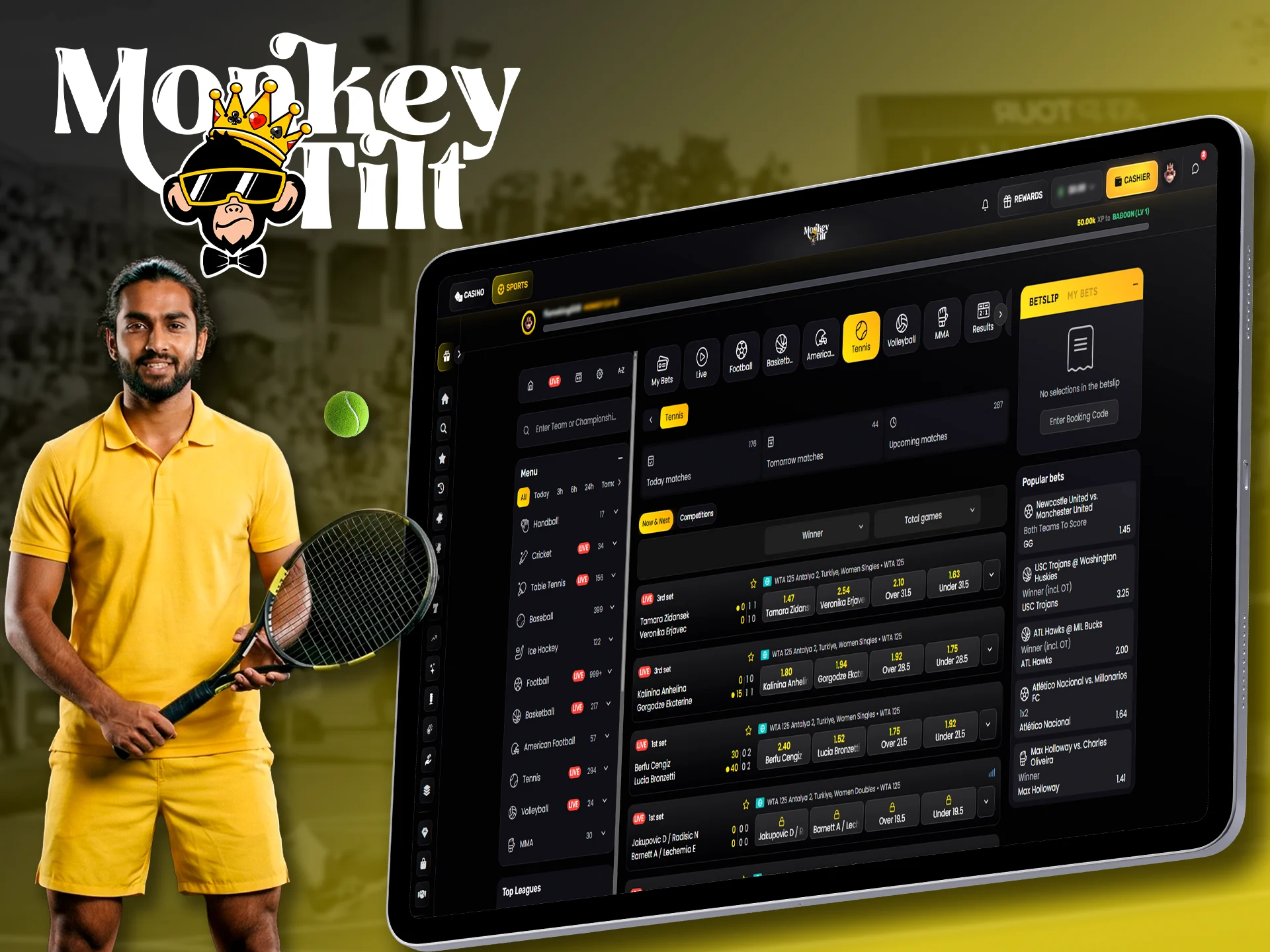 Place bets on global tennis tournaments at MonkeyTilt.