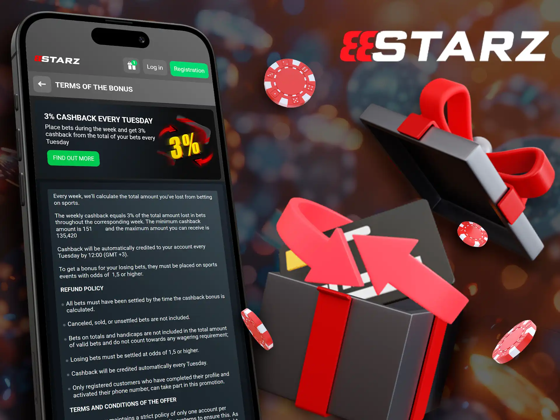 Every Tuesday enjoy a 3% cashback on 888Starz app.