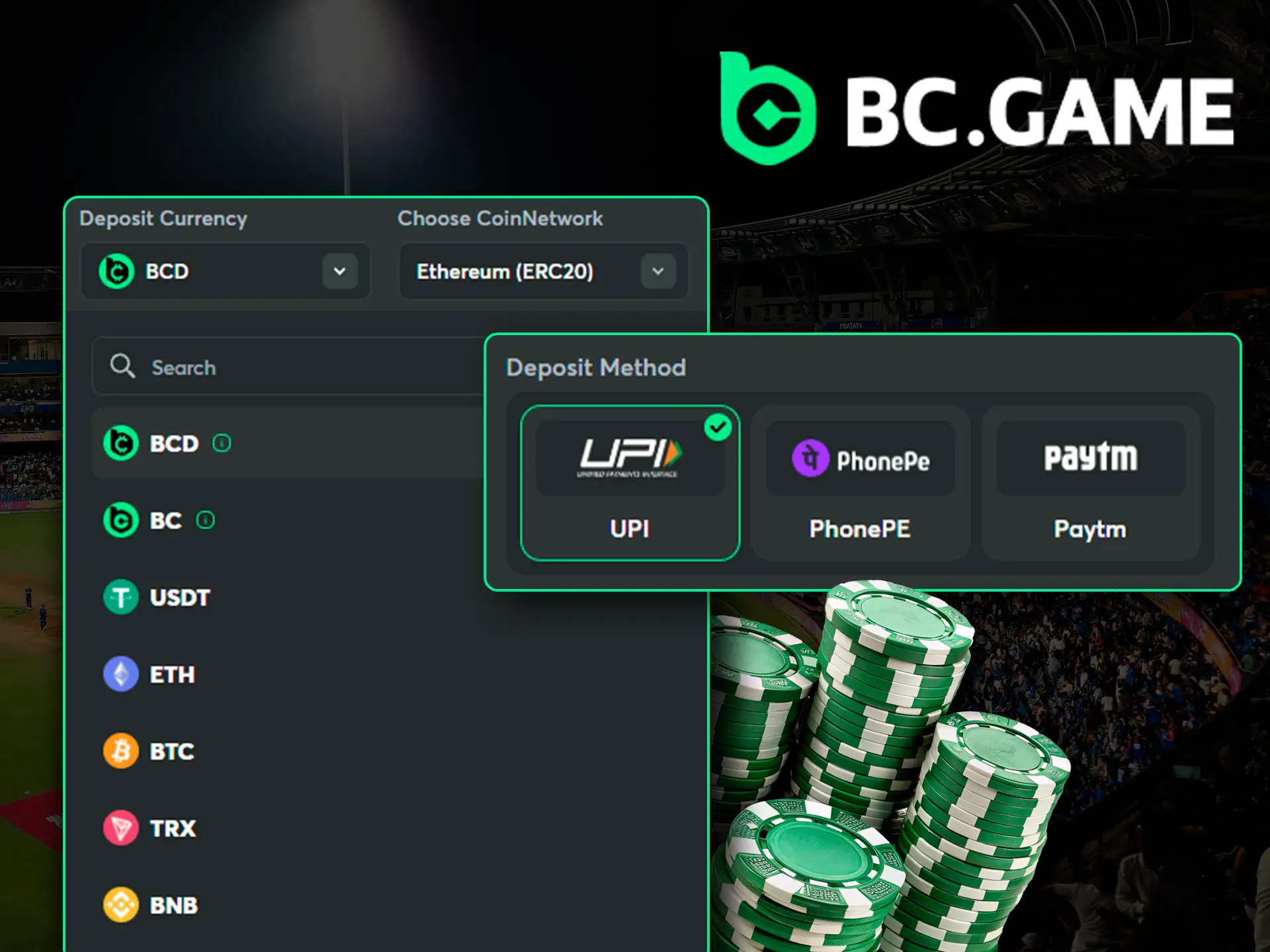 BC.Game deposit methods and options.