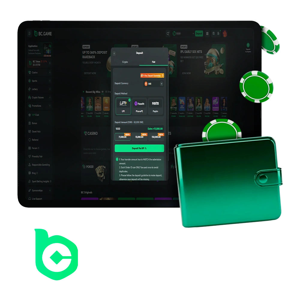 Tablet displaying BC.Game payment methods section with various options.