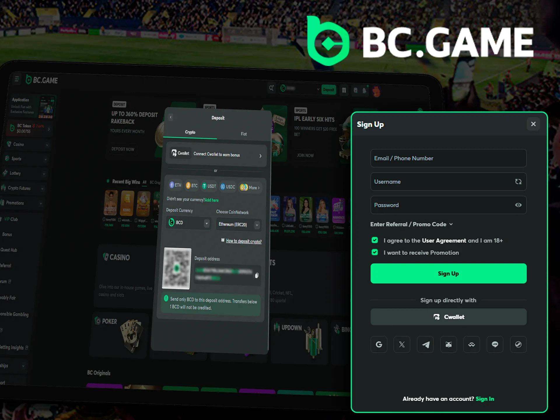 Tablet displaying BC.Game deposit instructions and steps.