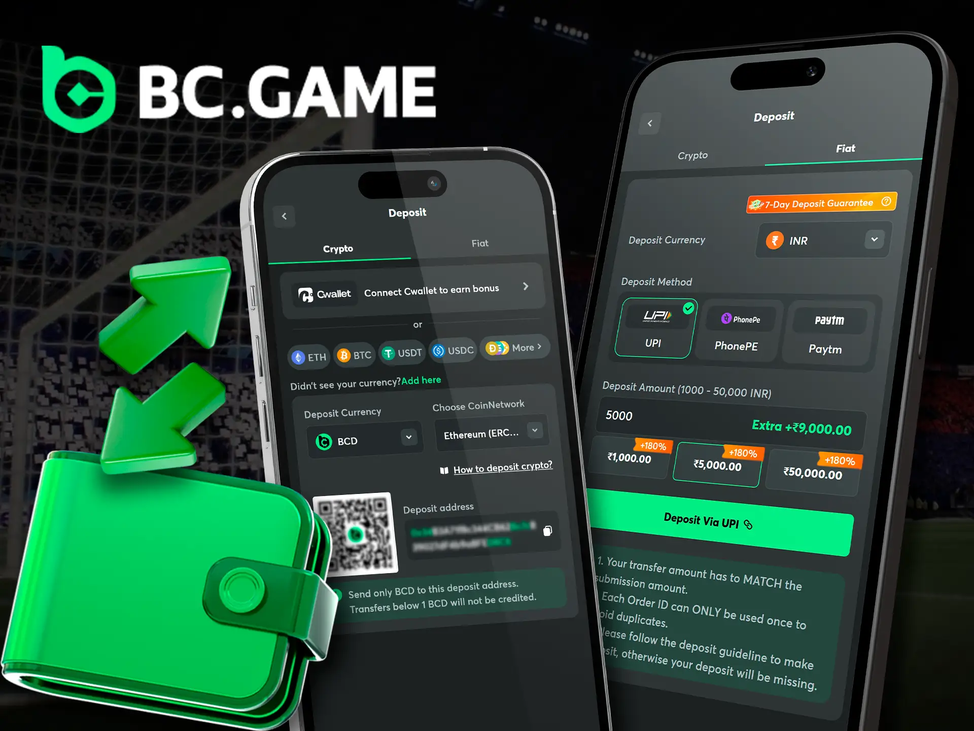 Smartphone displaying BC.Game app with various payment methods and options.