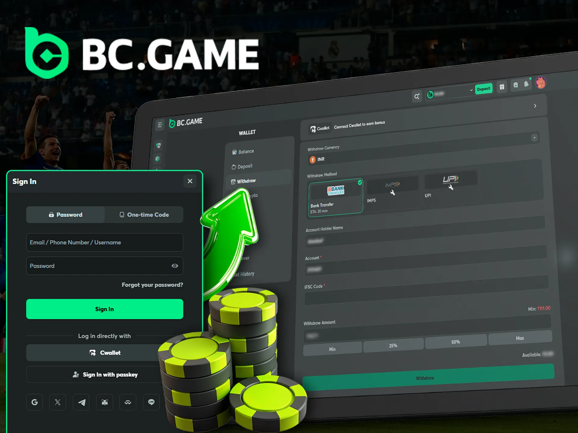 Tablet displaying BC.Game withdrawal instructions and steps.