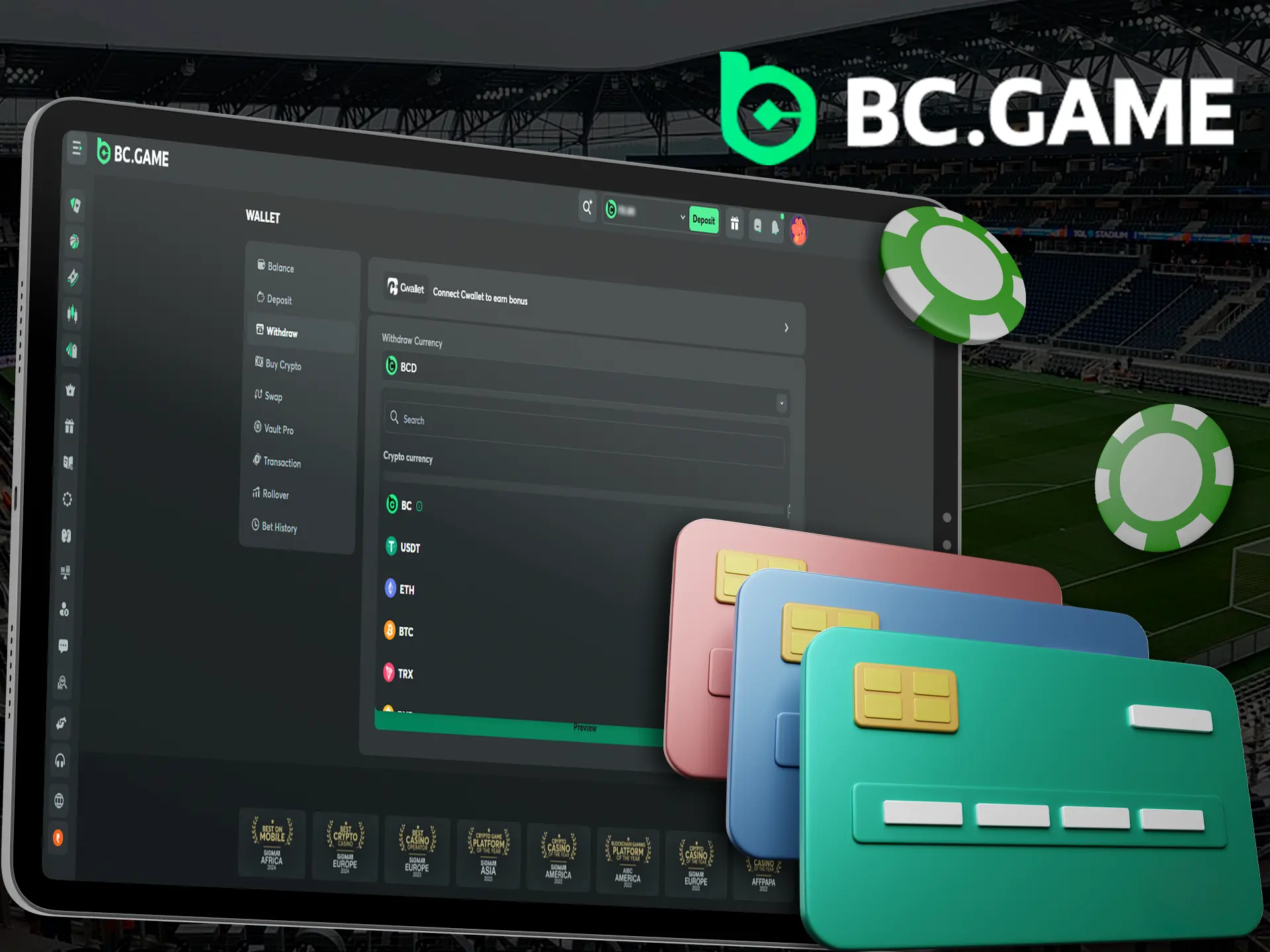 Tablet displaying BC.Game withdrawal methods and options.