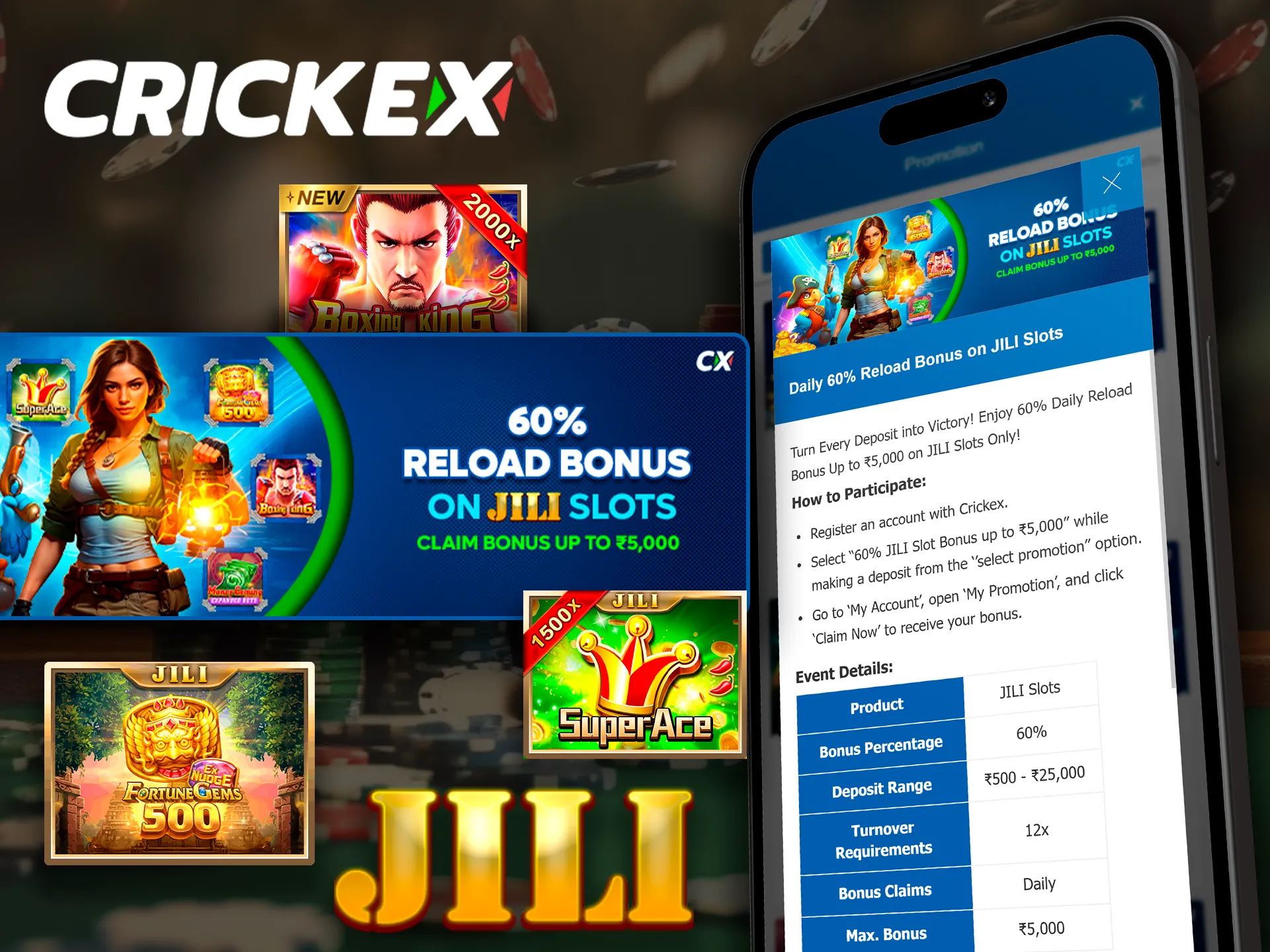 Daily reload bonus offer for Crickex app slot players.