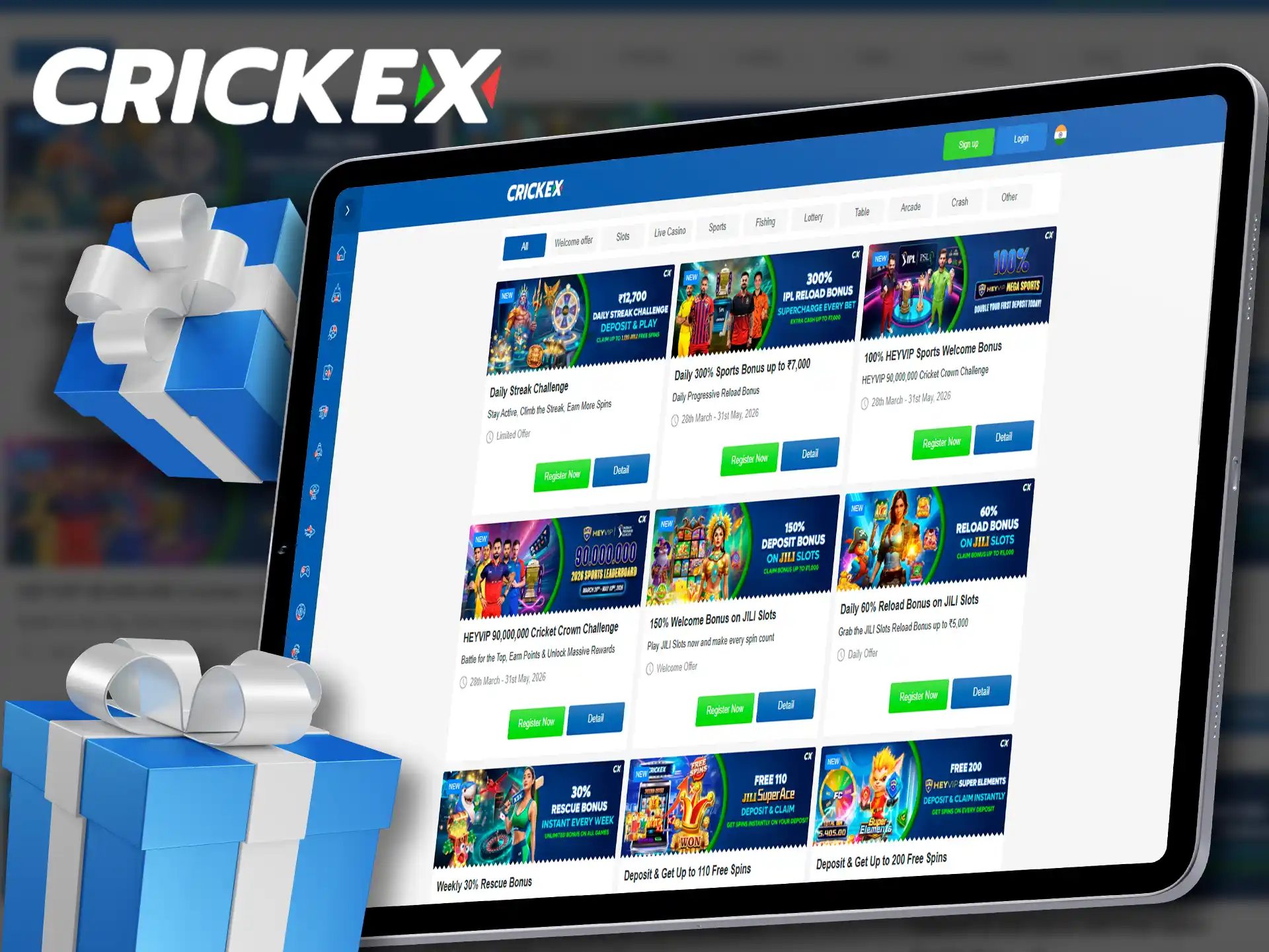 Crickex has a wide range of bonuses and promotions for sports betting and casino enthusiasts.
