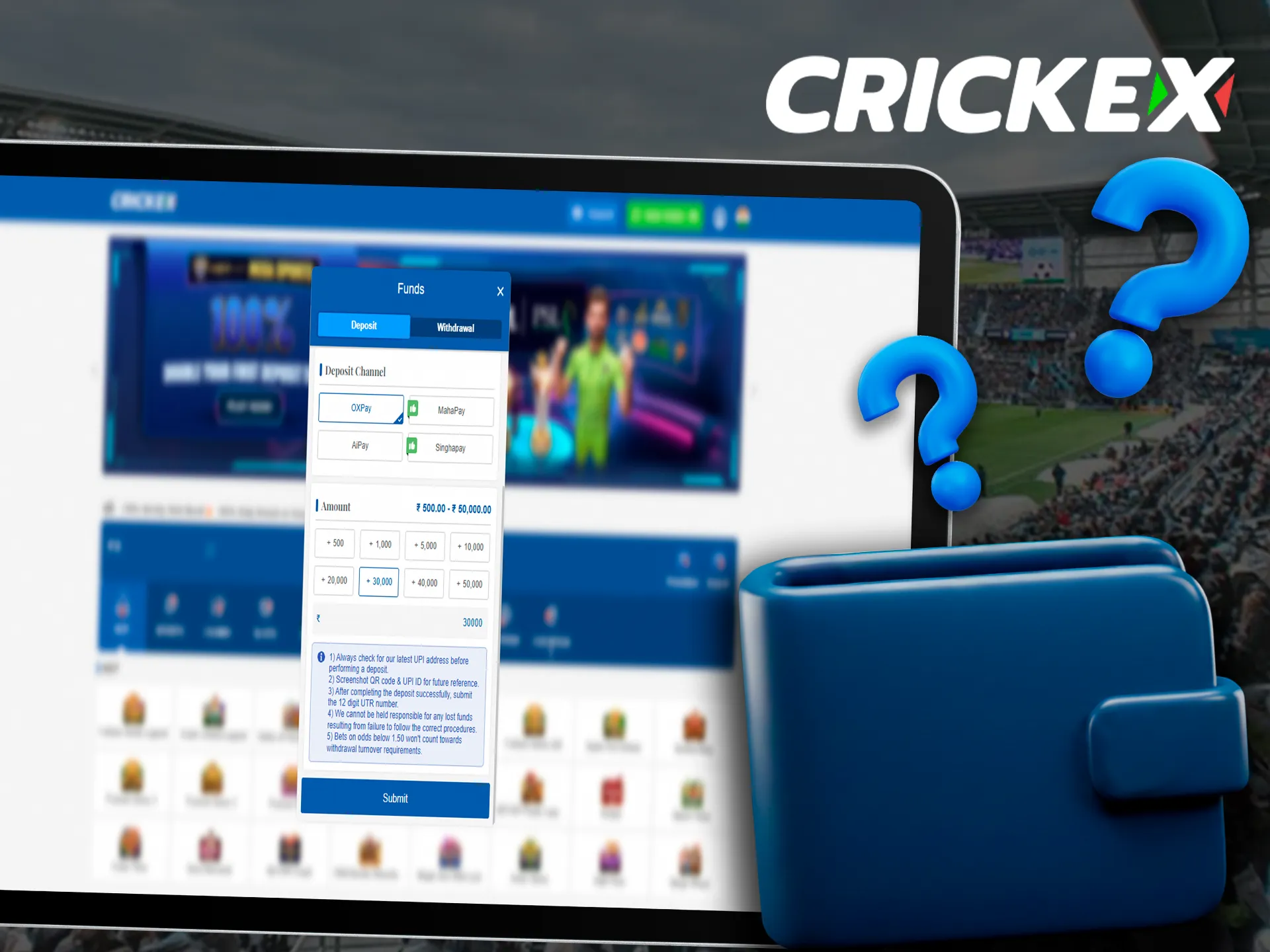 Deposit funds into your Crickex account to start betting.